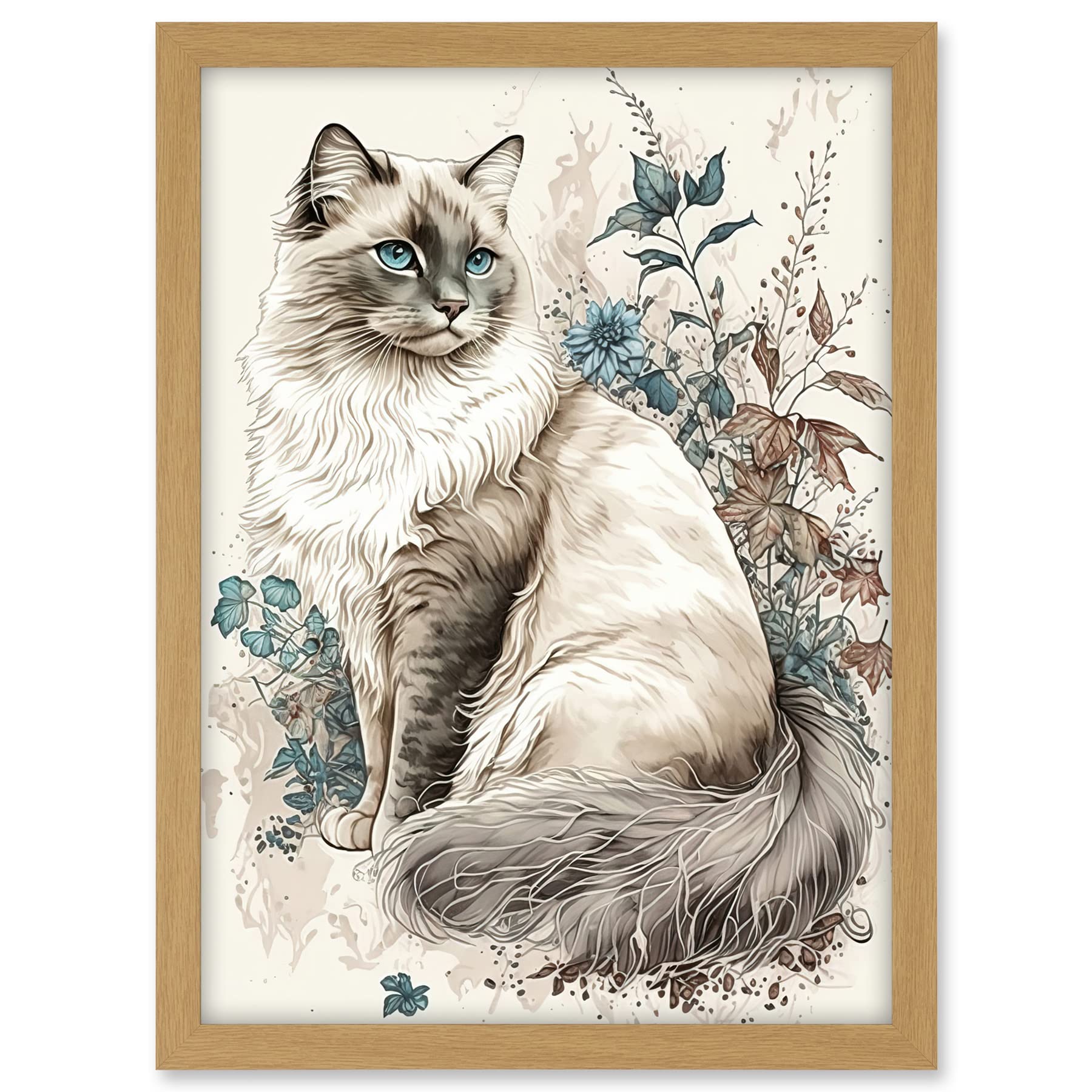 Artery8 Blue Point Ragdoll Cat with Flowers Watercolour Illustration Artwork Framed A3 Wall Art Print