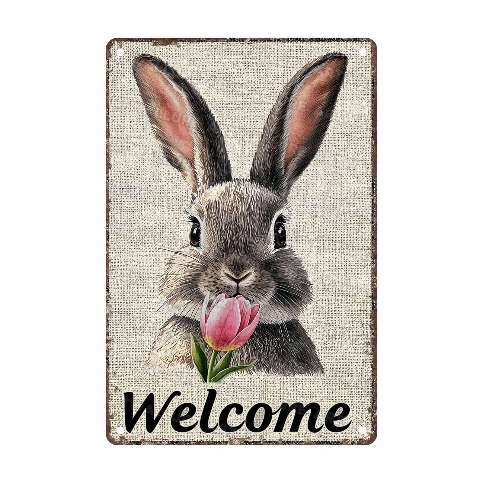 Easter Bunny Tin Sign Retro Tulips - Fun and Metal Sign for Homes Bedrooms Gardens Hallways Parties Spring Decorations 8x12Inch
