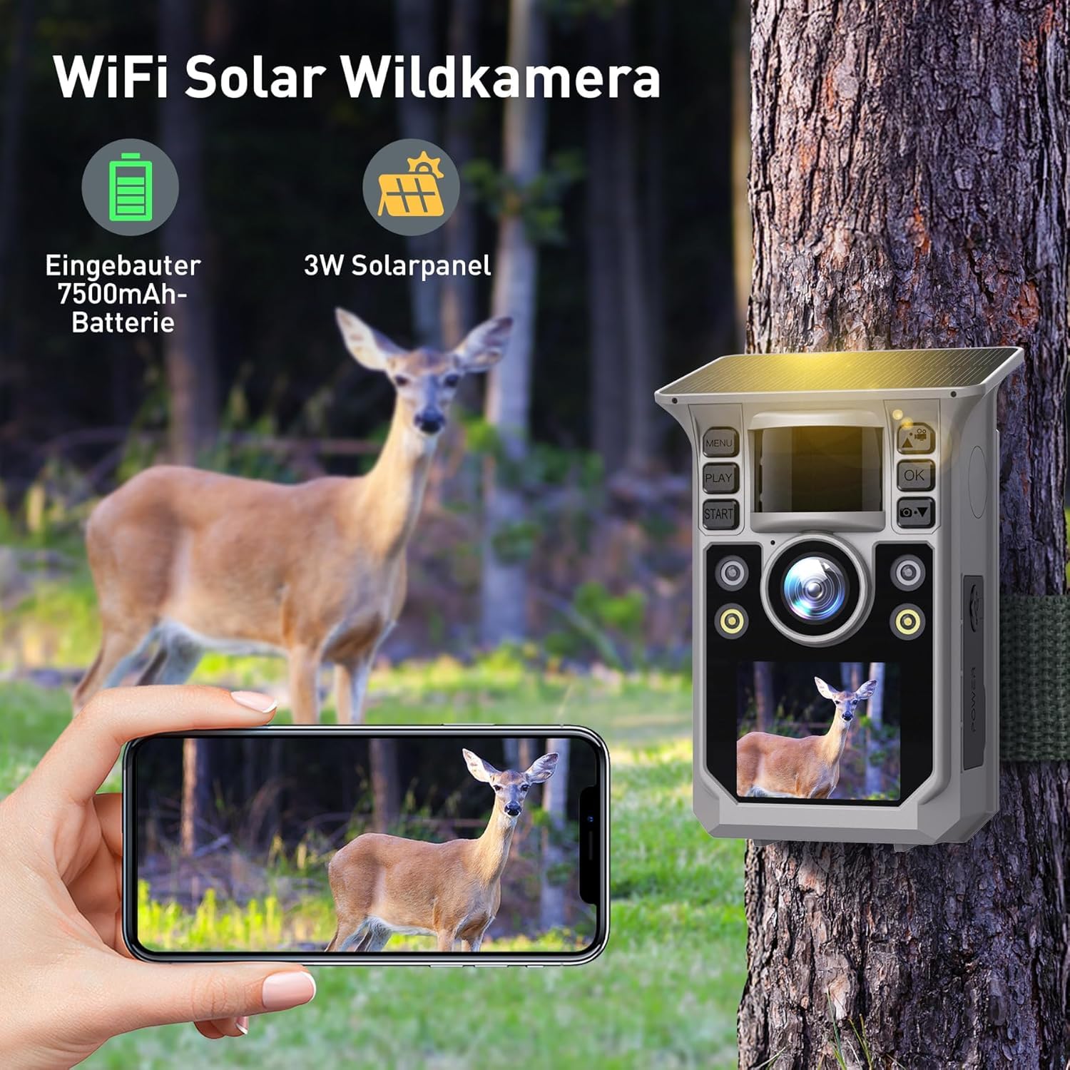 Wildkamera mit Handyübertragung APP, Solar WLAN 4K HD Video 64MP Eingebaute 7500mAh Wiederaufladbare Batterie, Vollfarbige Nachtsicht, 32GB Speicherkarte, IP67 Wasserdicht, 130° Weitwinkel