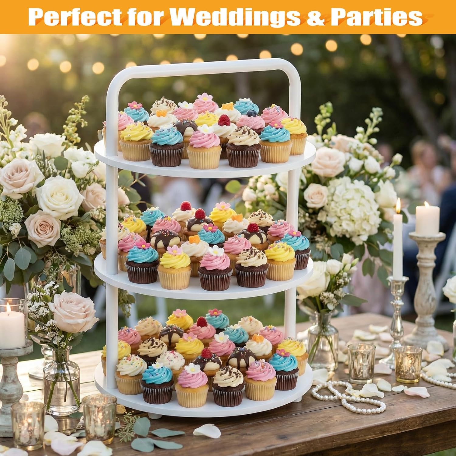 Lallisa Large Pizza Stands for Party, Wooden Pizza Stands 3 Tier Serving Tray 12.2'' White Cupcake Stand for 57 Cupcakes, Food Serving Tray with Detachable Frame for Birthdays, Weddings, Baby Showers