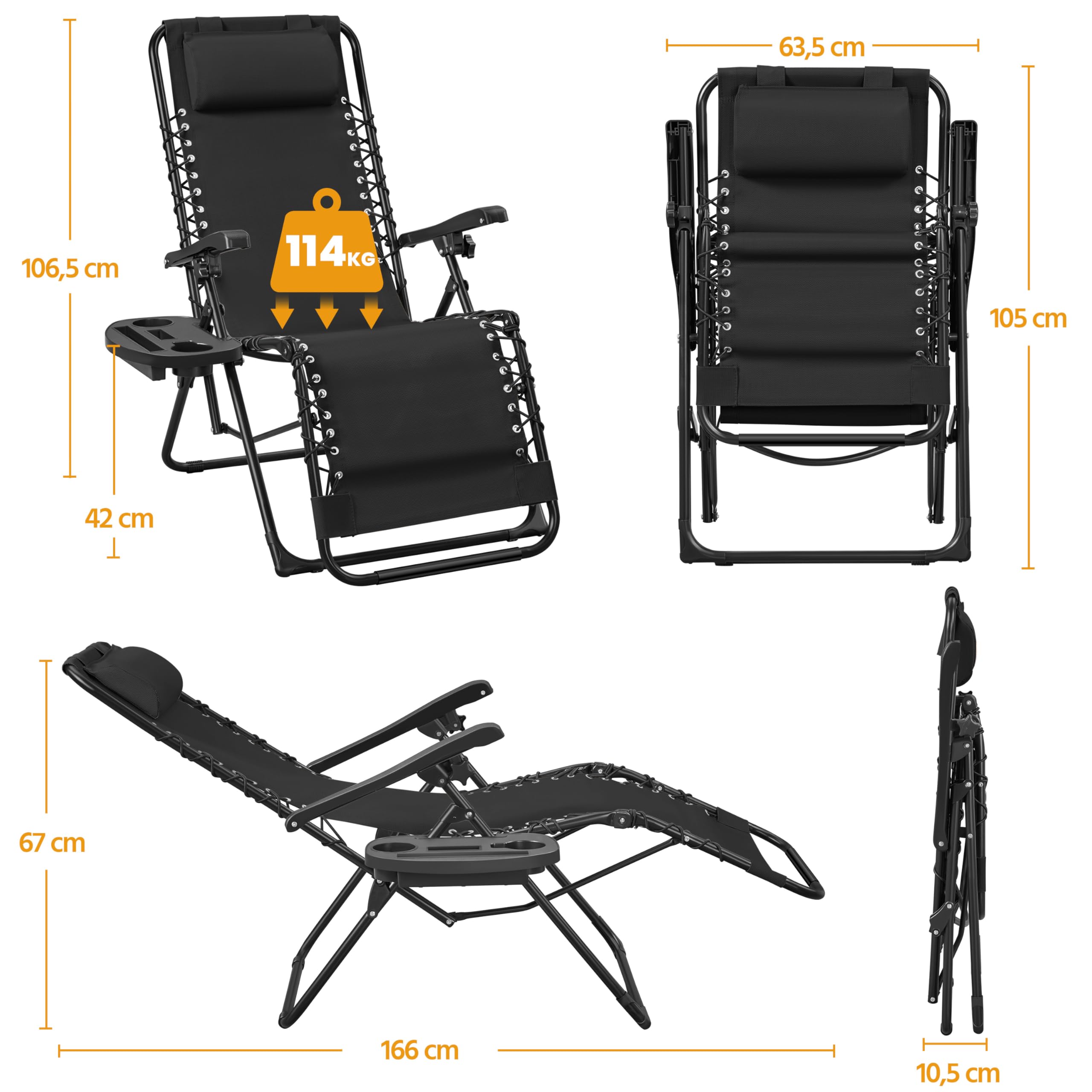 Yaheetech 2er Set Sonnenliege Liegestuhl Gartenliege Klappbar & Tragbar | mit Kopfkissen & Becherhalter für Strand/Garten/Balkon, Schwarz