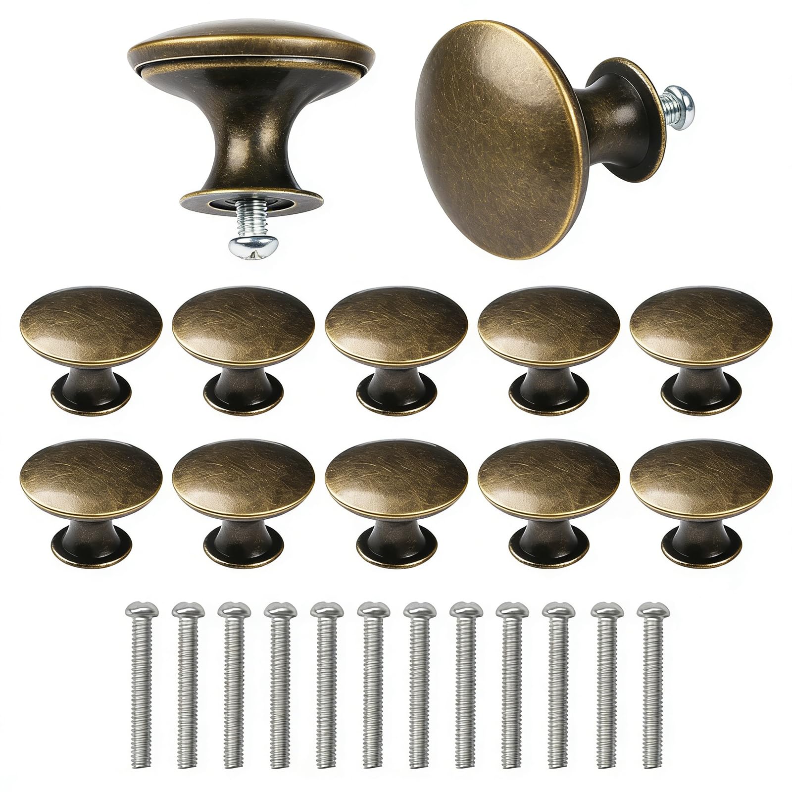 Oavie Bronze 12 Pack Vintage Cabinet Knobs, Antique Drawer Knobs, Round Mushroom Cupboard Handles For Kitchen Doors, Wardrobe, Chest Of Drawers, Retro Furniture Hardware With Screws