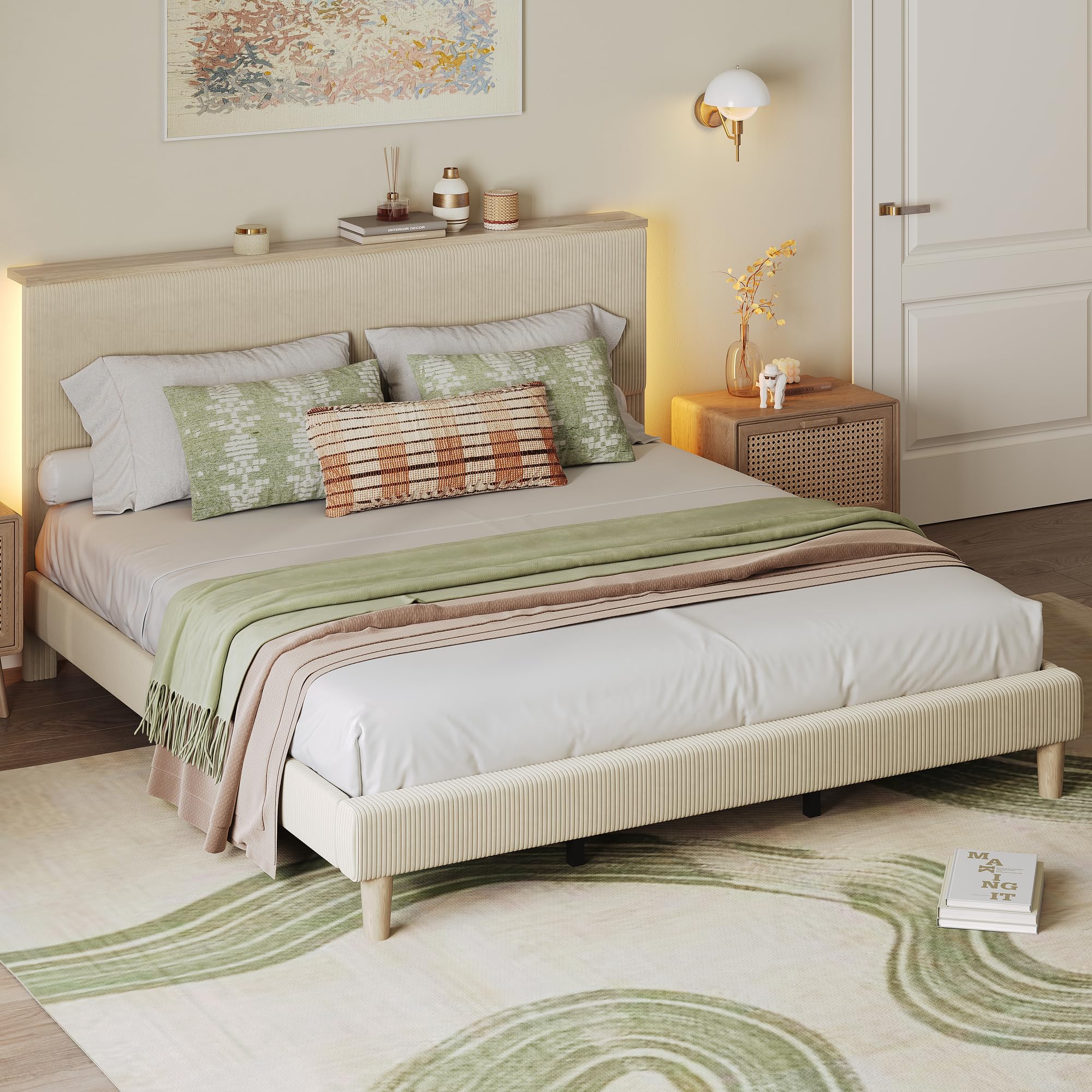 Bestier King Bed Frame with Storage Headboard & LED, Upholstered, Beige | Cordur - product photo