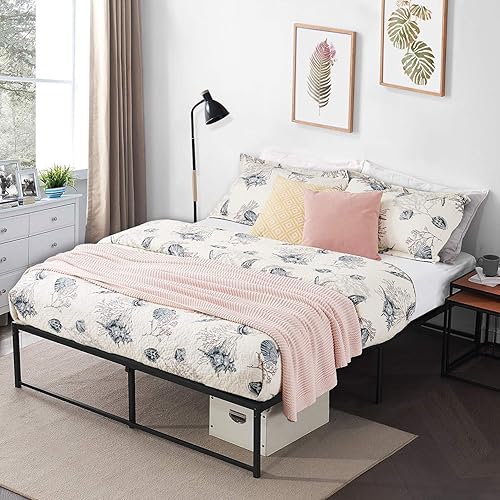 VECELO Base de cama de plataforma metálica, no necesita somier, base de colchón, soporte de listones de acero, color negro (King)