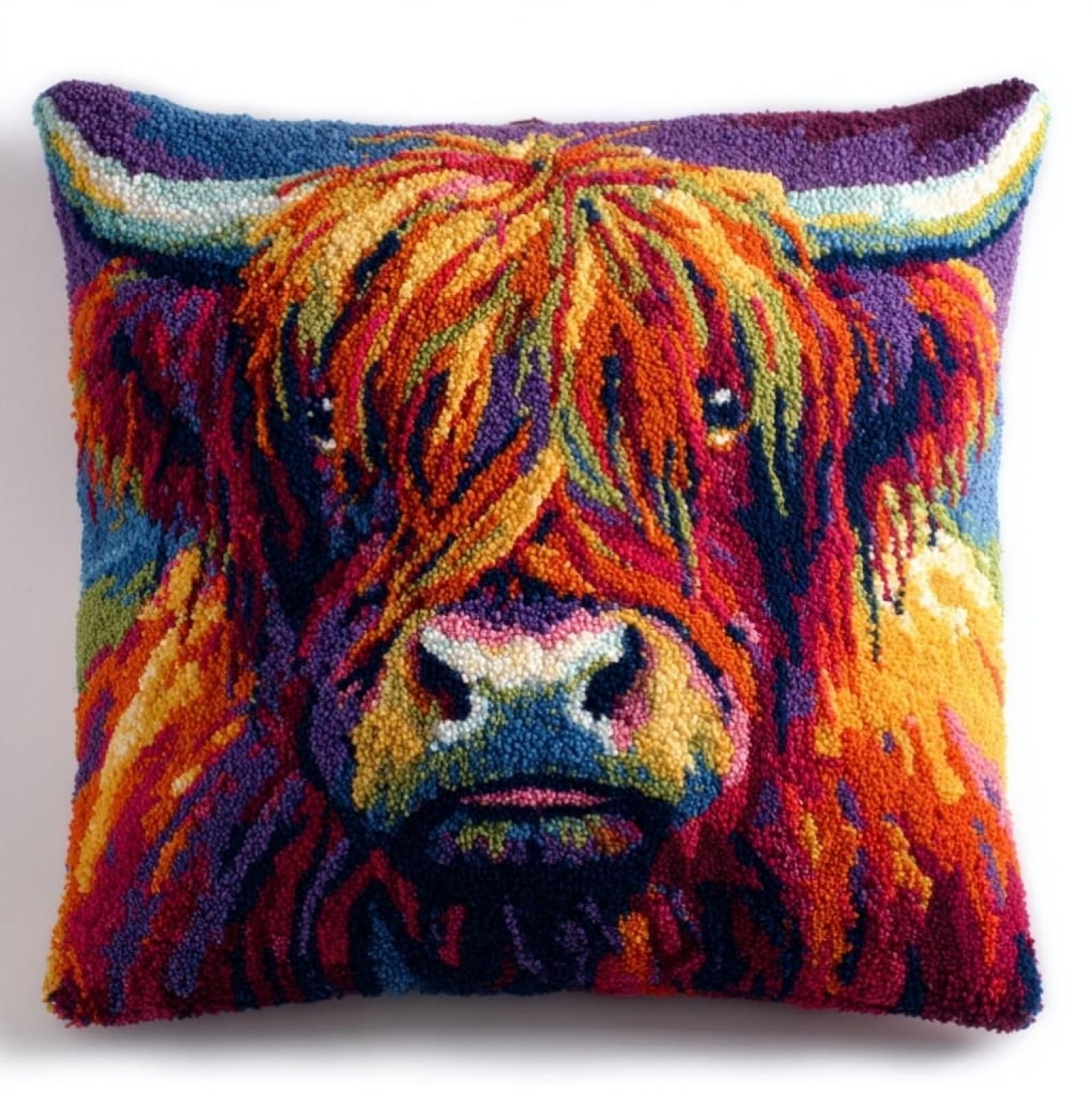 Henypt Latch Hook Pillow Kit for Beginners 43x43cm,Highland Cattle Complete DIY Craft Set,Decorative Cushion Cover for Living Room & Bedroom