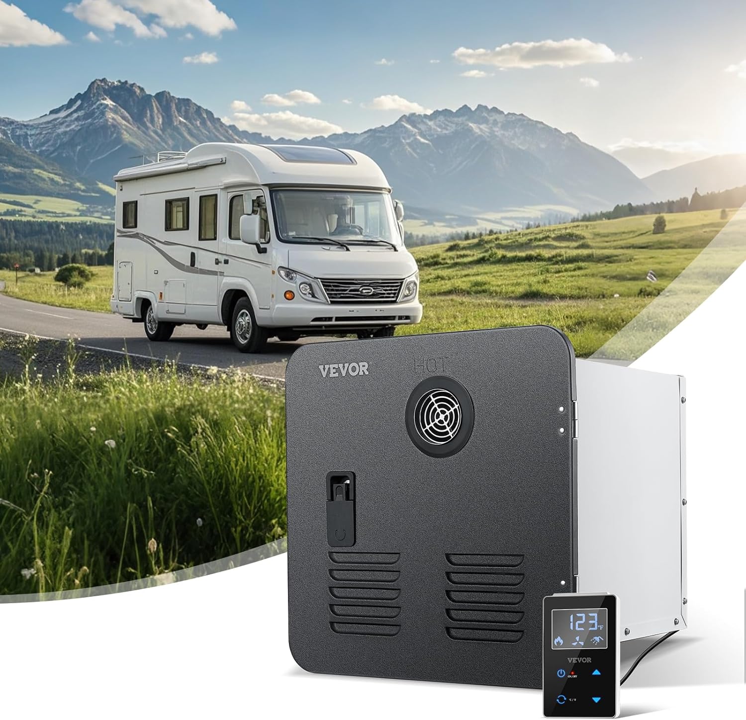 Detailed product parameters including model number, heat output, power supply, water pressure range, flow rate, net weight, and product dimensions.