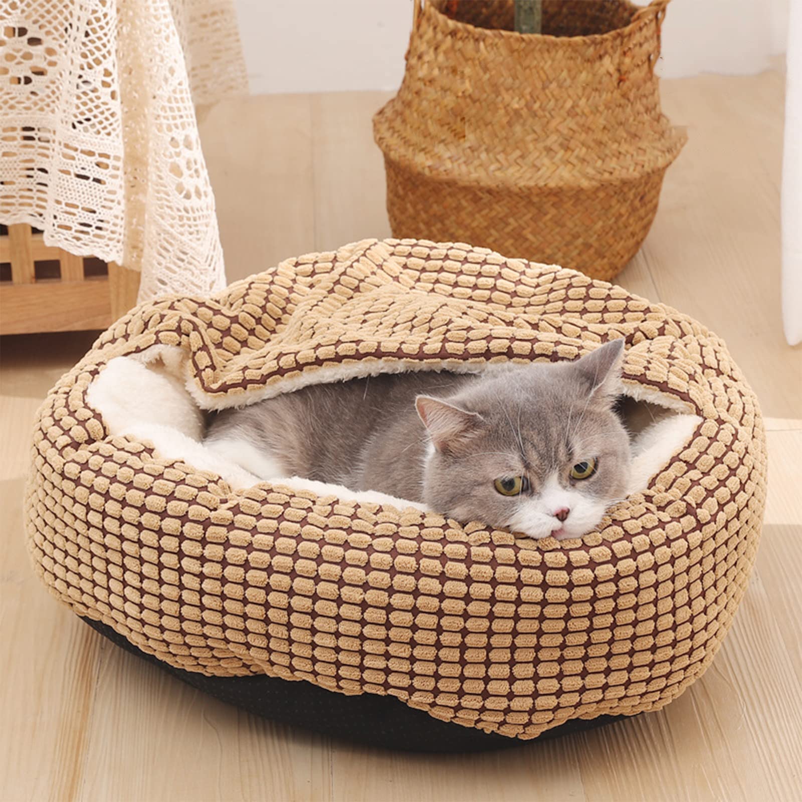 PETCUTE Panier Chien Moyen Taille, Lit pour Chien Round,Lavable Panier pour Chien à Capuche,Coussin pour Chien avec Fond Antidérapant,Paniers pour Chiens Convient aux Chats, Chiens,Jusqu'à 12.5kg