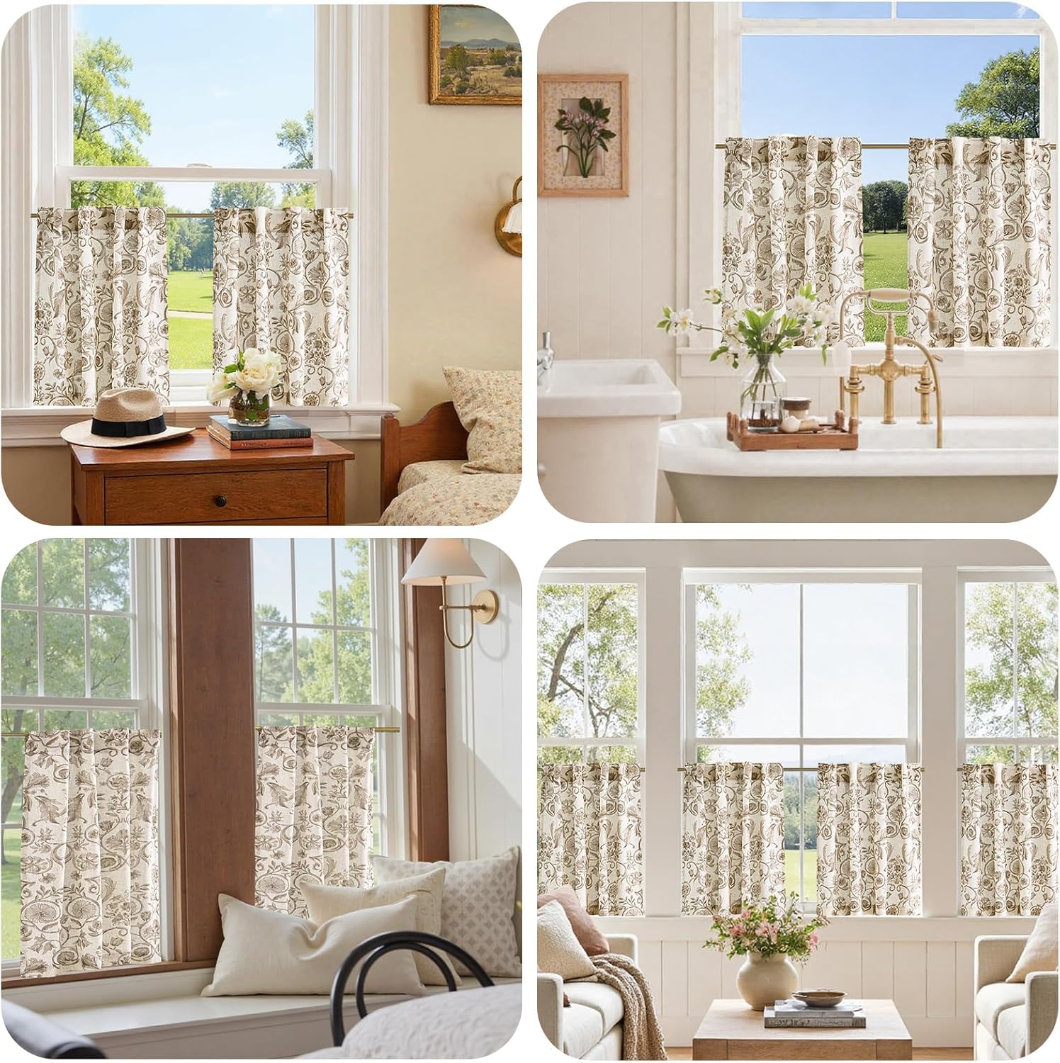 jinchan Small Window Curtains 36 Inch Linen Floral Curtain Set for Kitchen Bathroom Cafe Curtains Light Filtering Window Treatment Farmhouse Cottagecore Back Tab Drapes 2 Panels Taupe on Beige