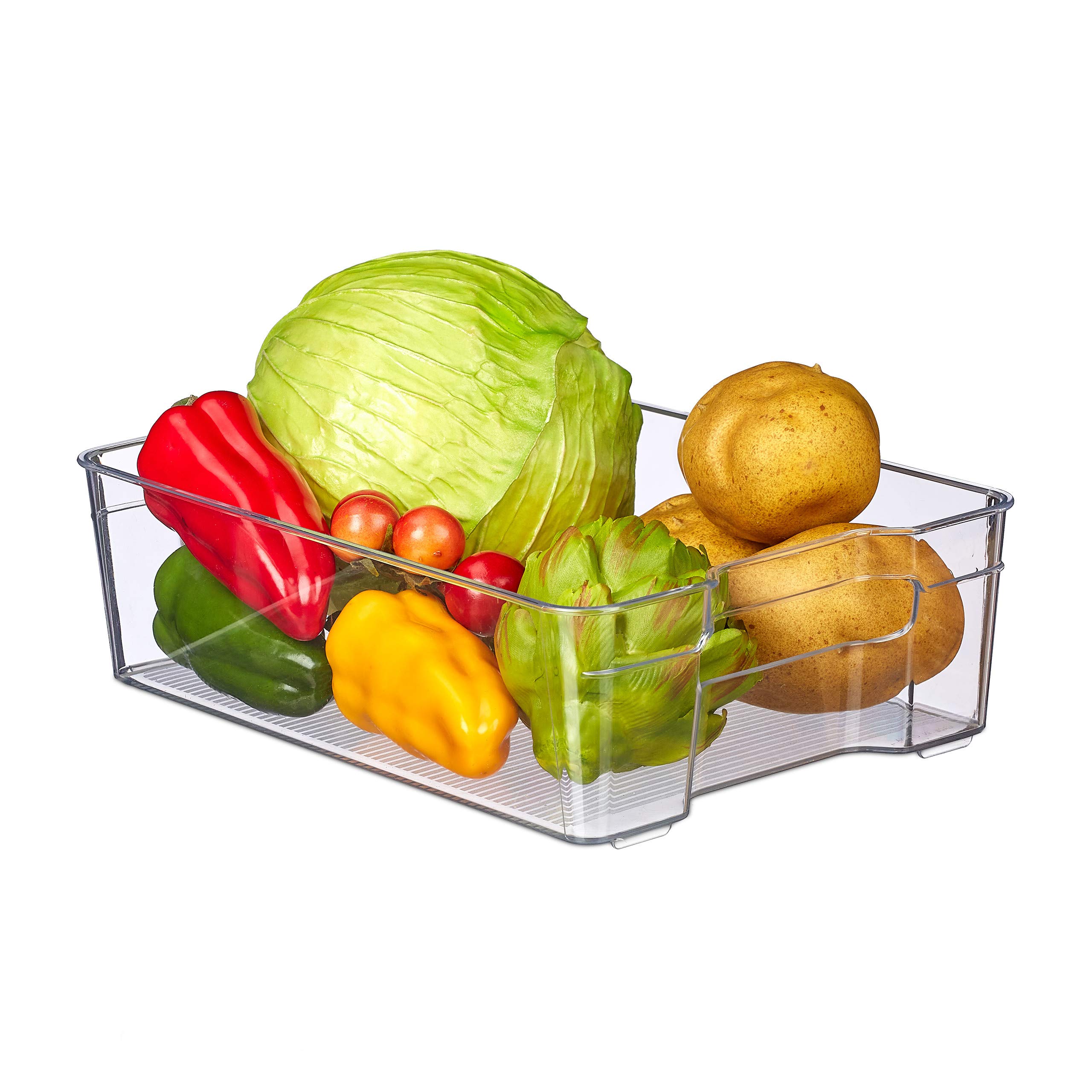 Relaxdays Organizer per frigo, Set di 5, Organizer per Cucina, Cibo, HLP 9 x 21,5 x 32 cm, Scatola con Maniglie, Vassoio, Trasparente