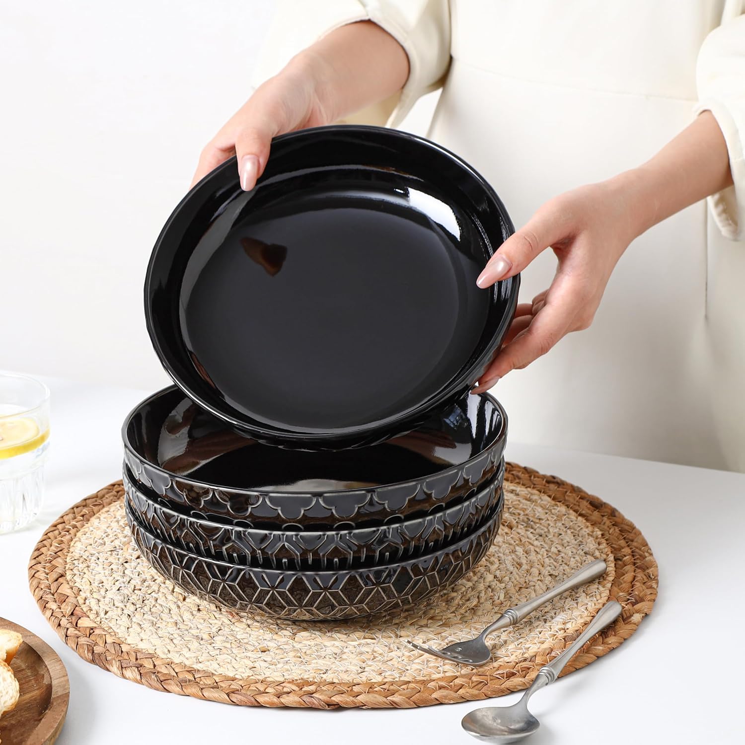Sureasy Pasta Bowls Set of 4-30oz Large Embossed Salad Bowls, 8.5 Inch Wide and Shallow Plate Bowls, Salad Bowl, Microwave, Oven & Dishwasher Safe, Black - Image 5