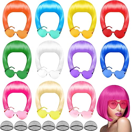 PLULON 12Pieces Colorful Wigs, Party Wigs and Sunglass Set, Neon Short Bob Wig Sunglass Pack Costume Colorful Cosplay Wig Daily Party Hairpieces Bachelorette Halloween Costume
