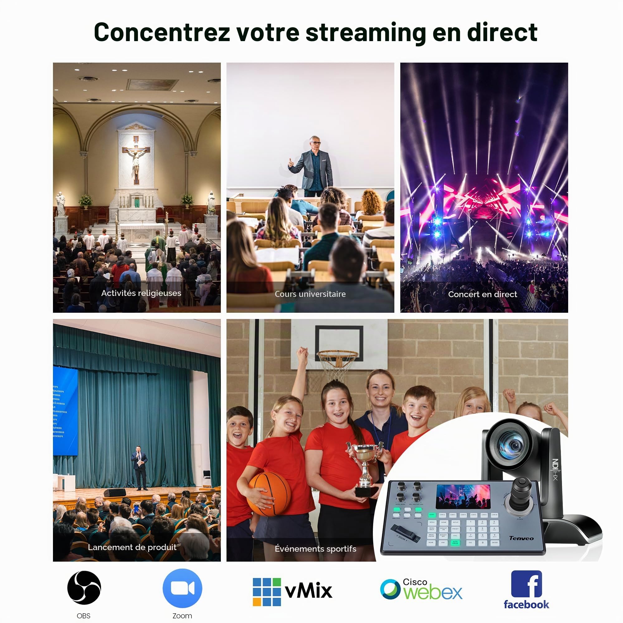 Tenveo Caméra PTZ NDI avec Suivi Automatique IA, Zoom Optique 20x, USB3.0/HDMI/LAN PoE, Camera PTZ IP 1080P 60FPS pour Streaming Live Église Visioconférence Diffusion Événements Youtube/OBS/vMix