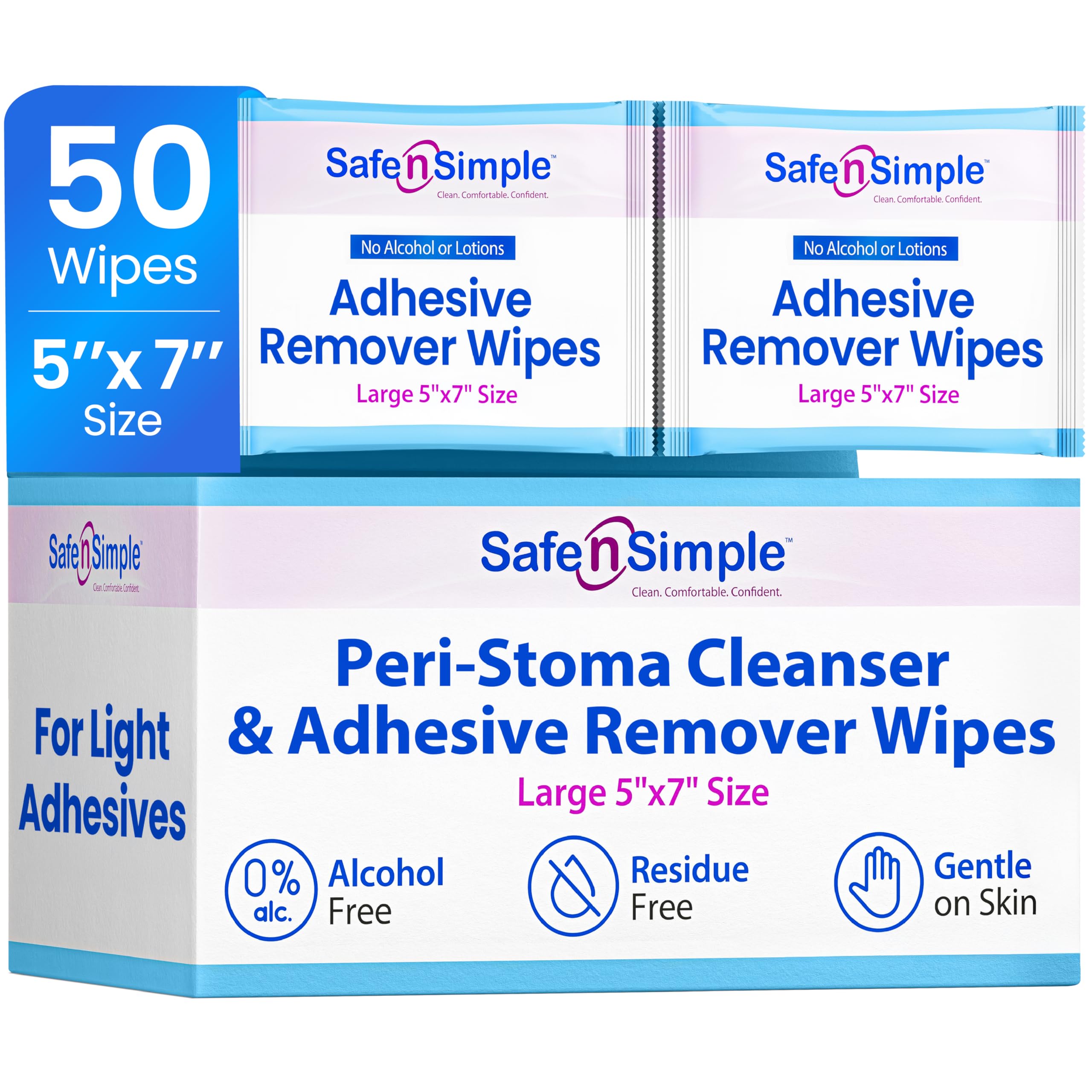 Safe n' Simple Adhesive Remover Wipes, Large, Individually Wrapped Wipes, 50 Count (Pack of 1)