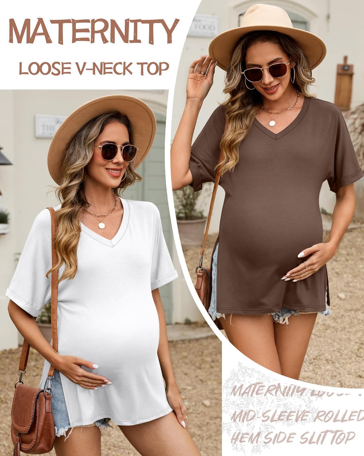Ficerd 3 Pack Women's Maternity T-Shirts, Loose Split Side Pregnancy Tops Half Sleeve Roll V Neck Casual Oversized Tee Blouse - Image 2