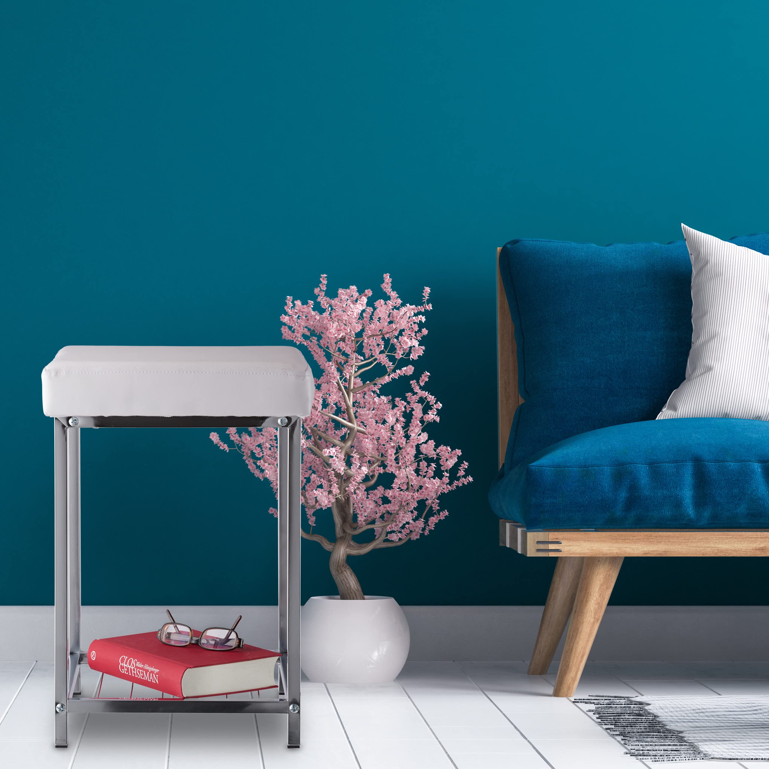 Relaxdays Sgabello, Seduta Quadrata Imbottita, con Ripiano, Pouf, Puffo, Poggiapiedi, Sedia Bar, HLP 47x33x33cm, bianco