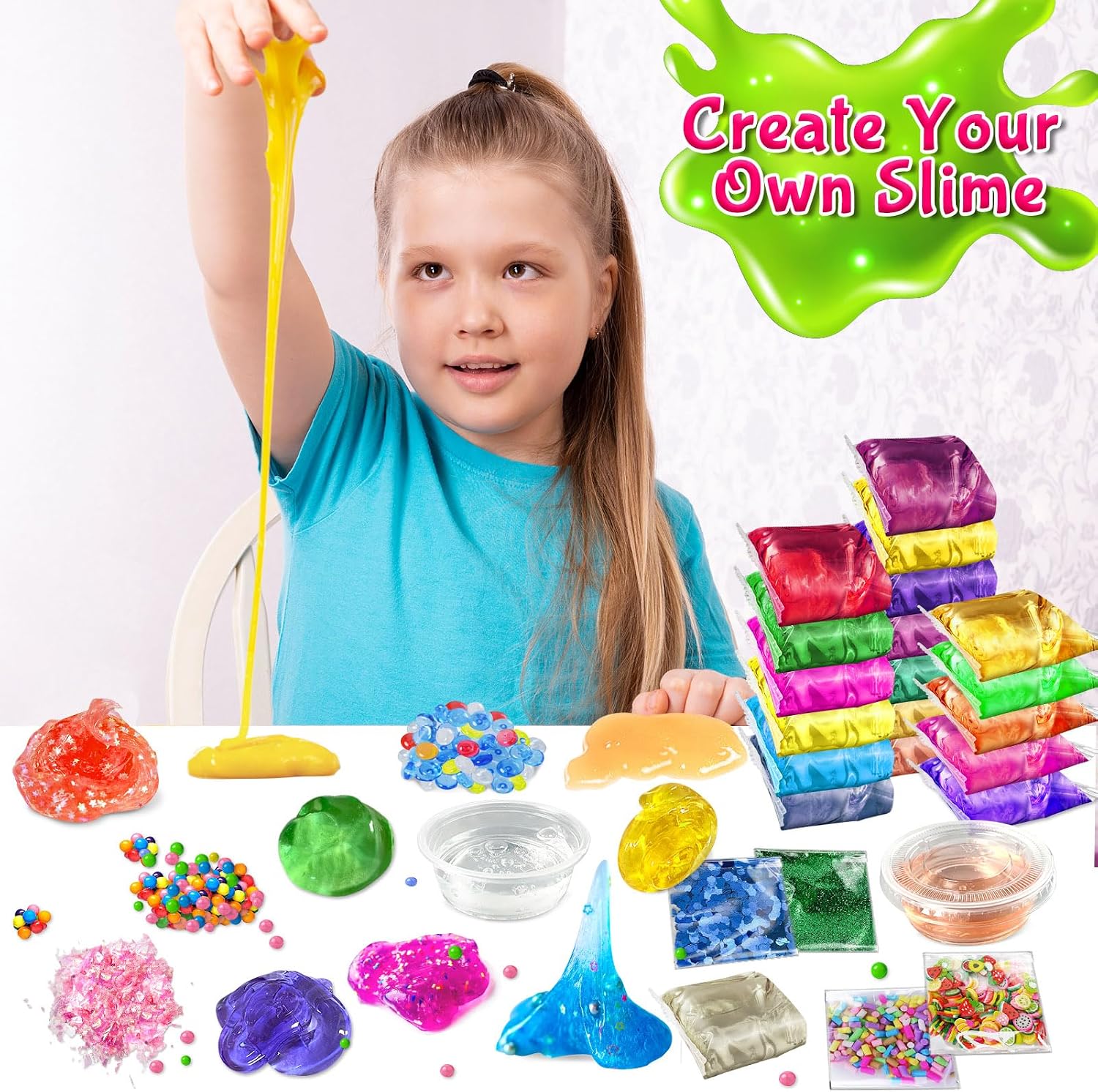 YOPINSAND 50 Pack DIY Slime Kit, Slime Making Kit for Girls, Crystal Clear Slime, Premade Slime with Add-ins, Foam Balls, Glitters, Slime Party Favors Gift Toys for Kids 3-12
