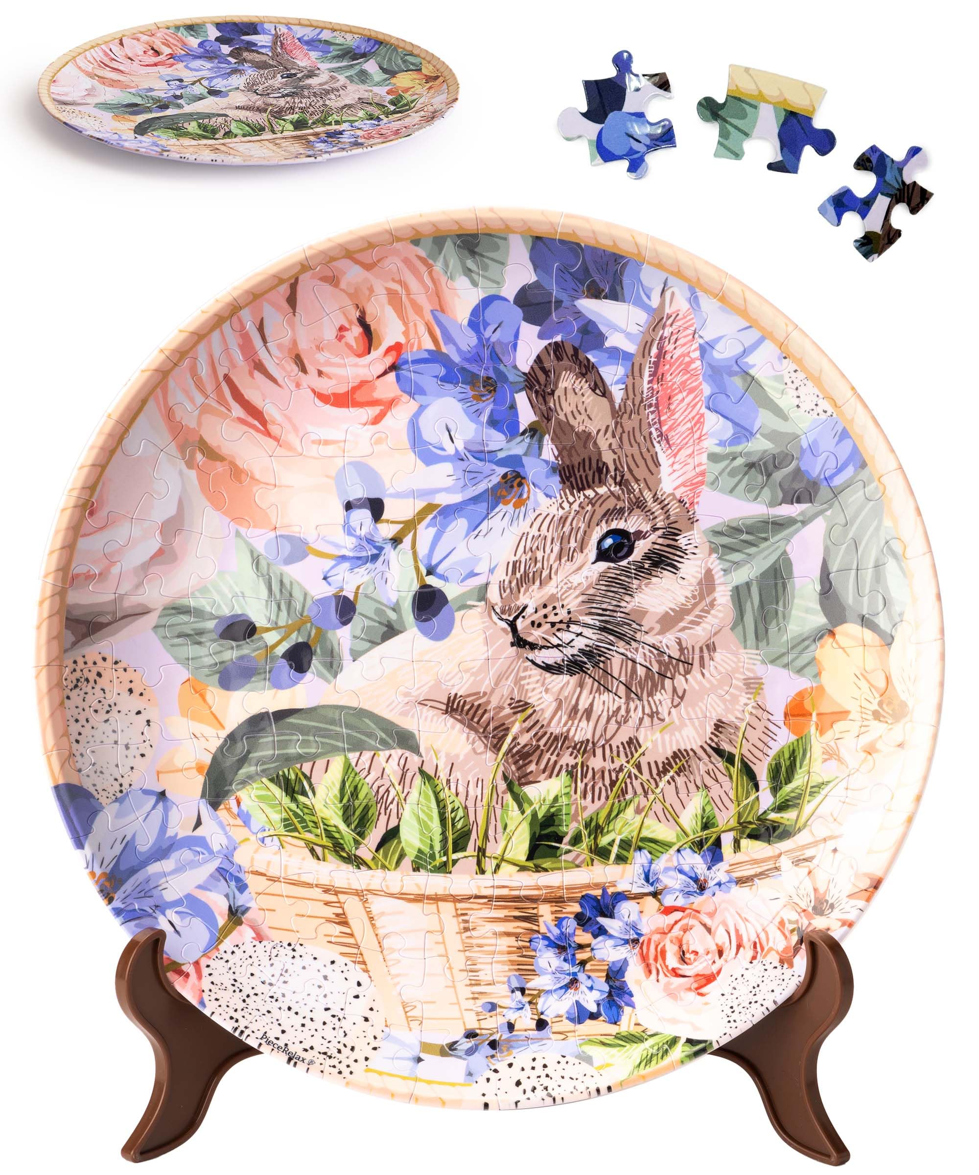 PieceRelax 3D Puzzle Plate 124 Pieces - Easter Bunny Flowers - Jigsaw Puzzle for Adults, Decorative Plate with Durable Plastic Pieces, Ideal Gift for Home or Office Décor [PL1009]