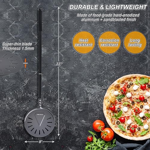 Miniatura 5 de Peladora de pizza giratoria, 8 pulgadas con mango de 25 pulgadas, espátula de pizza de torneado de aluminio anodizado profesional, 33 pulgadas en