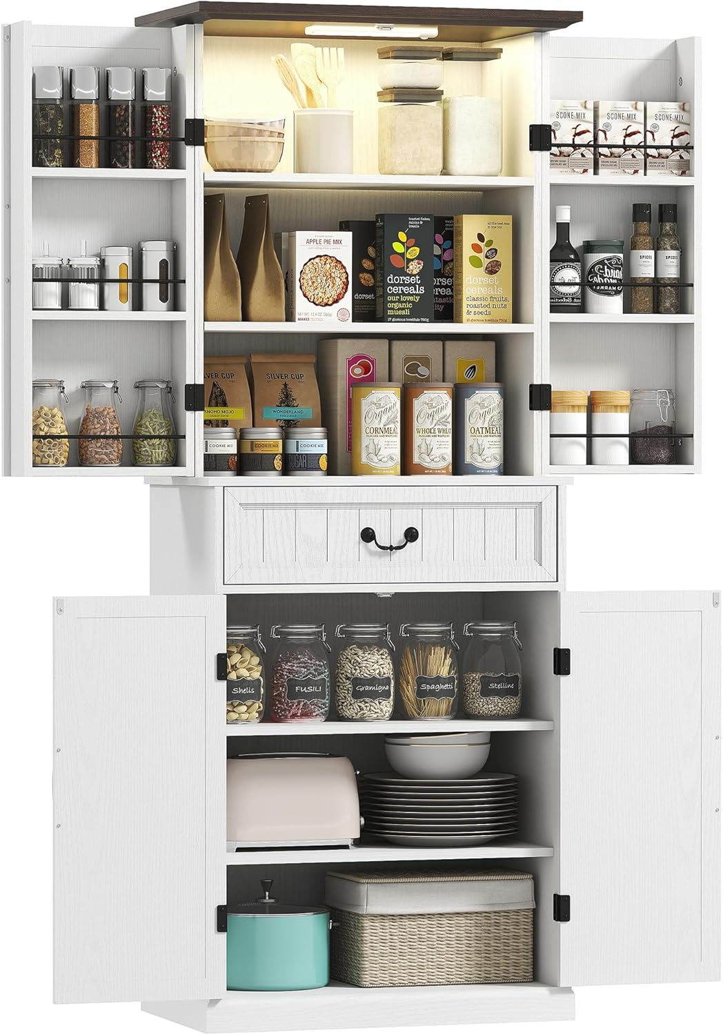 HOMCOM 71" LED Kitchen Pantry Cabinet, Farmhouse Tall Freestanding Storage Cabinet with Door Shelves, Adjustable Shelves and Drawer for Kitchen and Dining Room, Distressed White