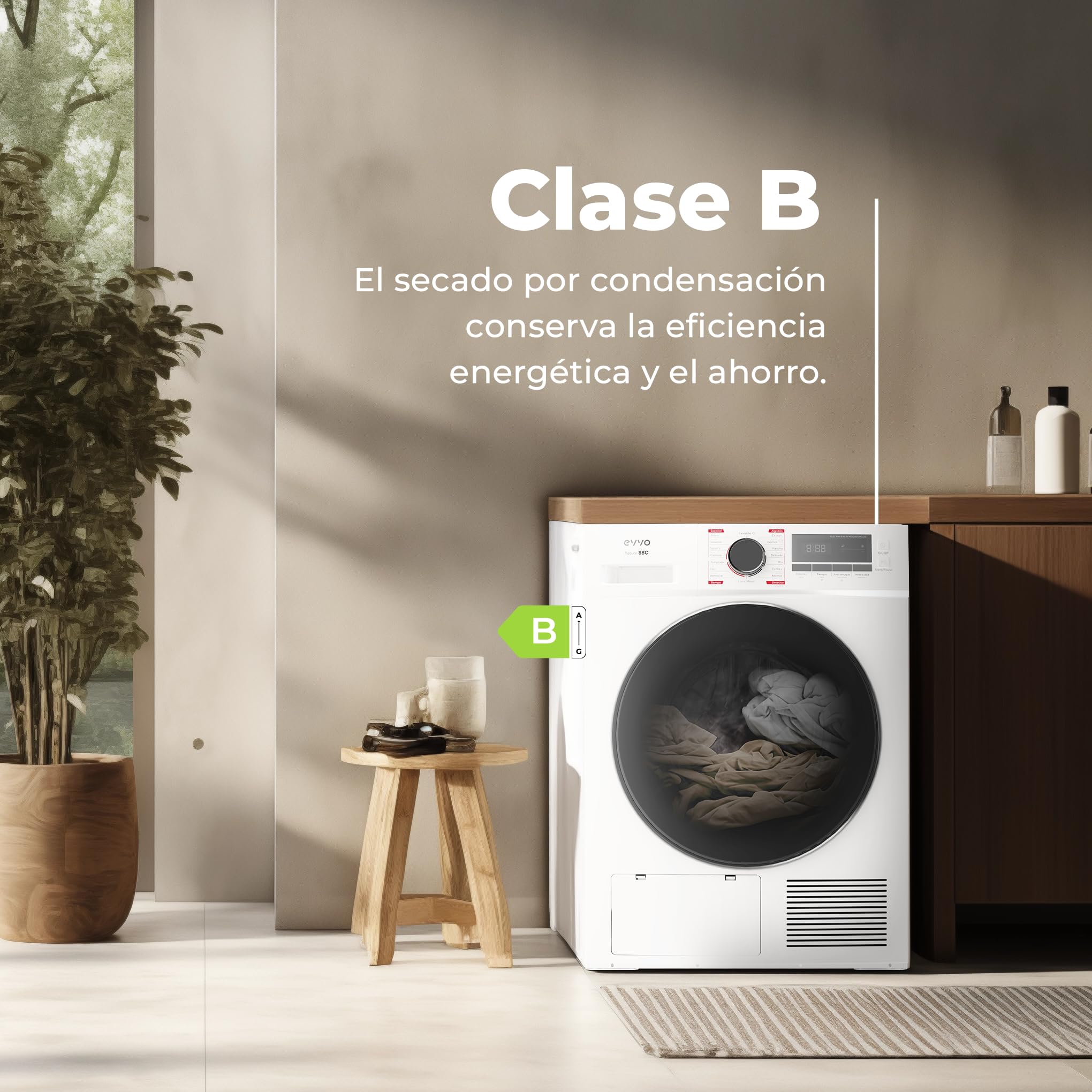 EVVO Secadora condensación 8 kg, Selector de Tiempo, Clase Energética B, Aire Frío para Prendas Delicadas, Airfresh, Sensor de Humedad, Antiarrugas, Inicio Diferido (Modelo Nature S8CX Inox)