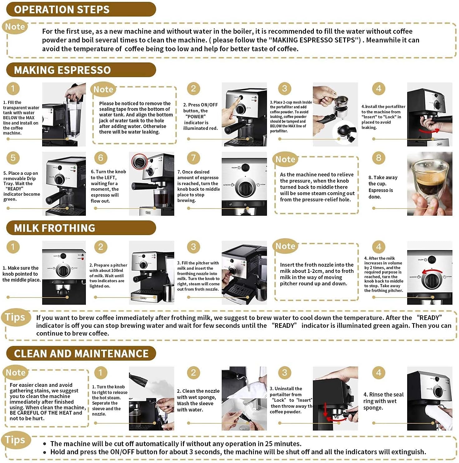 Detailed view of Gevi 2-in-1 Coffee Maker features: cup warmer, removable water tank, water tank filter, detachable drip tray, and fine mesh filter.