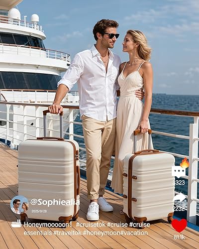 Miniatura 8 de LONG VACATION - Set de 4 maletas para equipaje de mano, de plástico duro ABS, con candado TSA y ruedas, Blanco (White-Brown), 20 pulg.