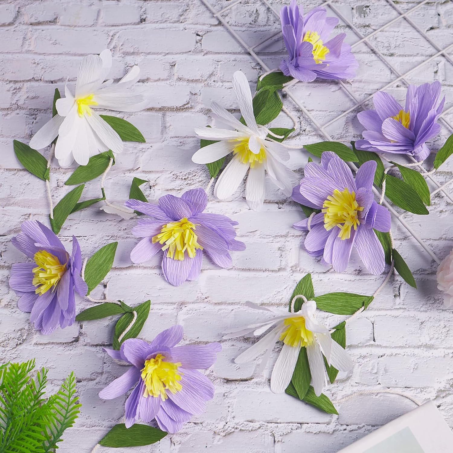 2PCS Paper Flower Garland, Paper Leaves Banner Vine Flowers with Green Leaves Crepe Flower Garland Decorations for Wall Anniversary Wedding Birthday Arch Decor-Purple - Image 2