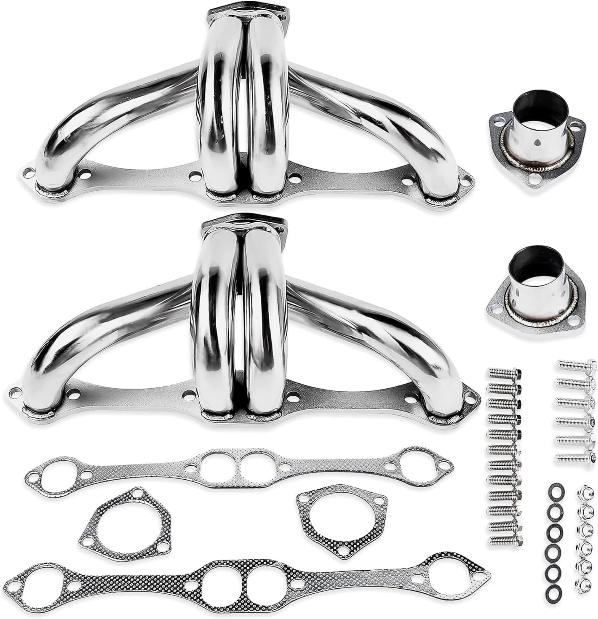 Center Dump Block Hugger Headers for Gen 1 SBC 265 283 302 305 327 350 400 V8 Stainless Steel 3 Bolt Shorty Style for Street Rods 1955 1956 1957 Chevy Hot Rod Swaps Not for Side or Clamshell Mounts