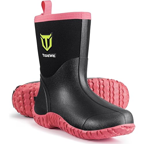 TIDEWE Rubber Boots for Women, 5.5mm Neoprene Insulated Rain Boots with Steel Shank, Waterproof Mid Calf Hunting Boots, Sturdy Rubber Work Boots for Farming Gardening Fishing