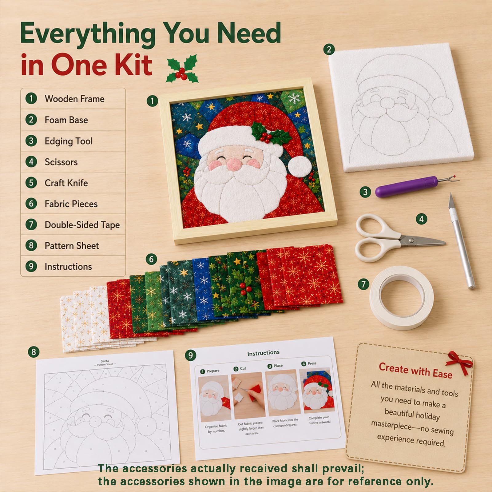 No-Sew DIY Kinusaiga Fabric Art Kit, with Frame & Tools, B04, Christmas Collection - Image 7