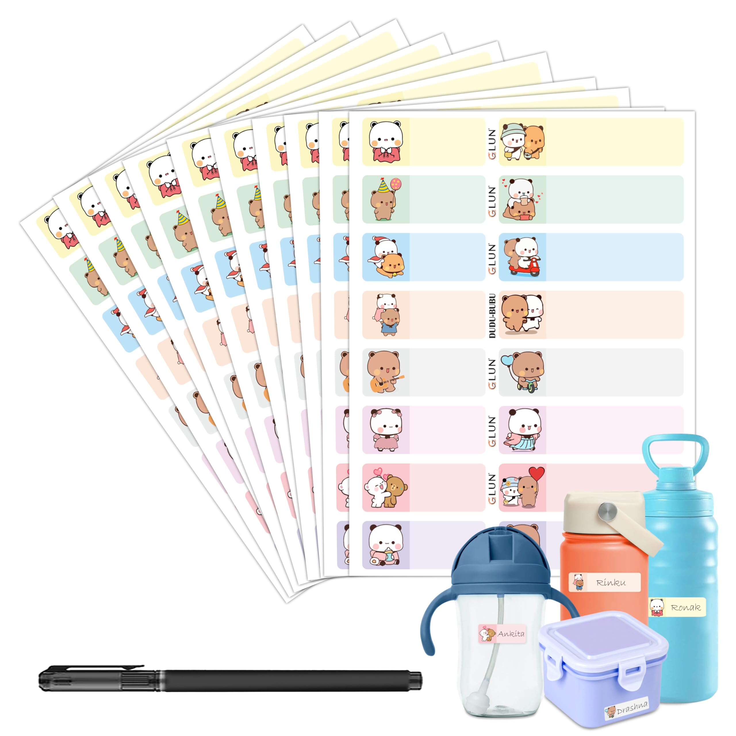 GLUN® Dudu & Bubu Bear Characters Theme Vinyl Name Tag Waterproof Stickers, 10 Sheets 160 Stickers for Bottles, Lunch, Clothes, & Lunch Box, Fadeproof Reusable Self-Adhesive
