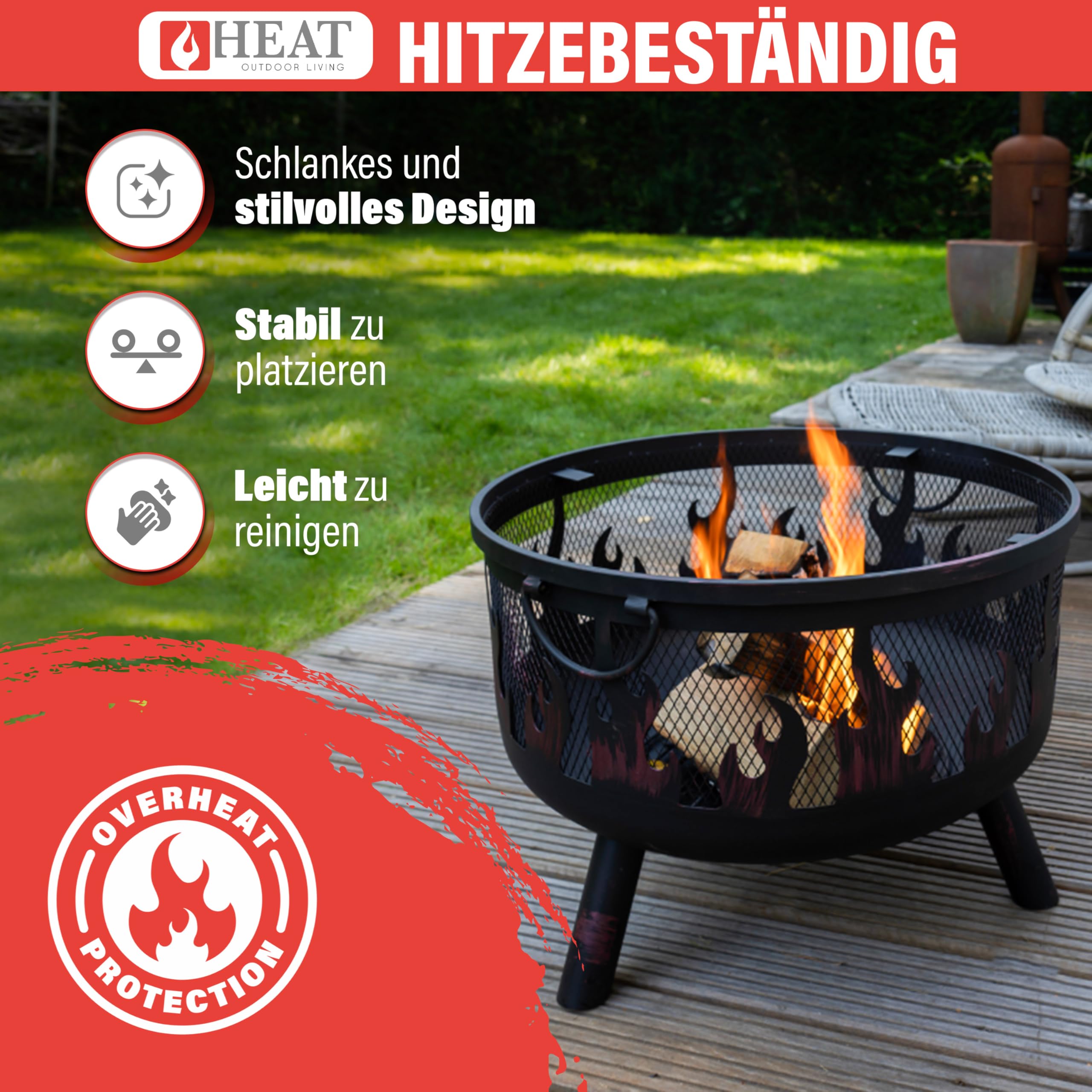 Feuerkorb Hornset - Feuerkorb für den Garten - mit Funkenschutz und Grillrost - Feuerschalen & Feuerkörbes - Feuerstelle Outdoor auf Beinen