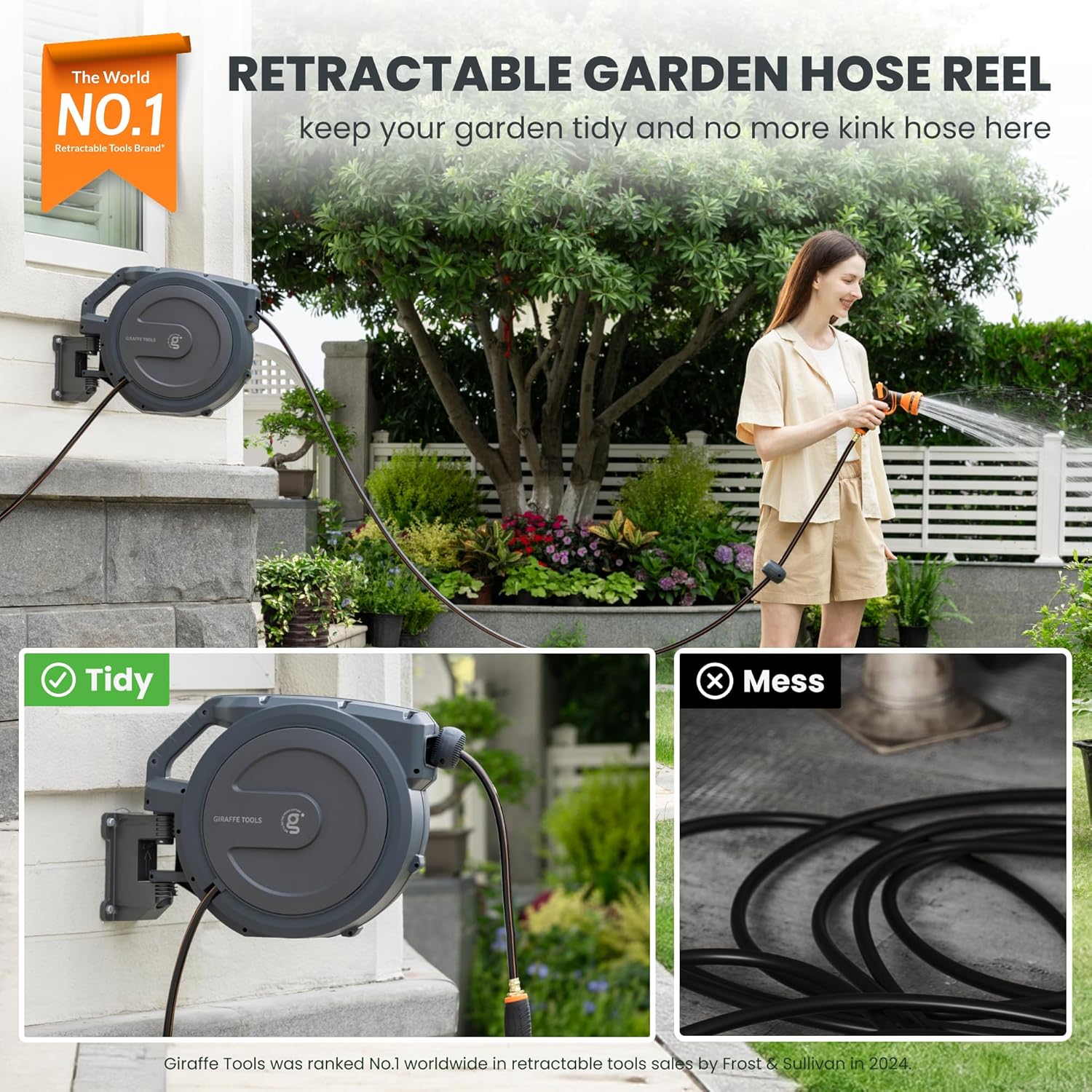 Giraffe Tools AW30/ AW25 Retractable Garden Hose Reel Cover UV Resistant, Waterproof and Anti-Fading and PRO Hose Reel 1/2" x 78 ft with Metal Bracket, Heavy Duty, Any Length Lock Garden Hose Reel
