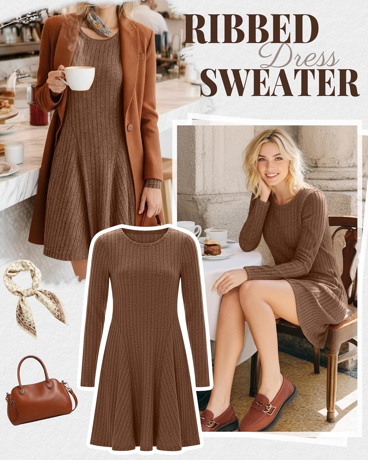 Women's Long Sleeve Sweater Short Dress Ribbed Crew Neck A Line Swing Dress Lightweight Fall Winter Casual Dresses - Image 3