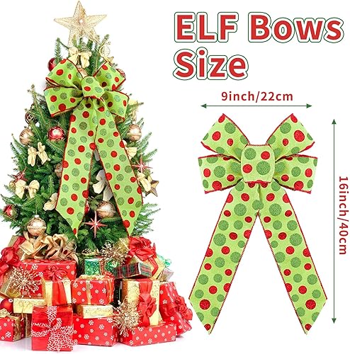 Miniatura 2 de 12 lazos grandes de elfo de Navidad de 9 x 16 pulgadas, lazos decorativos para colgar de Navidad, puntos con purpurina, adorno de Navidad, regalo de
