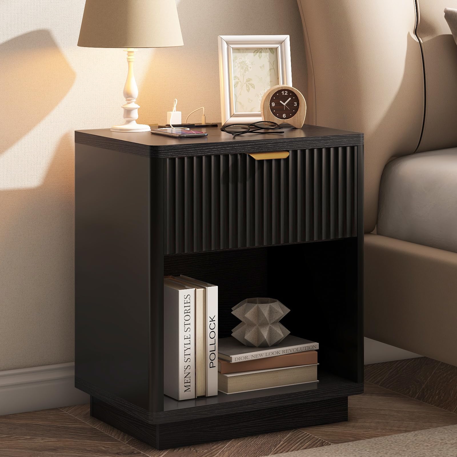 Amazon.com: Nasonet Fluted Nightstand Charging Station,Wood Modern