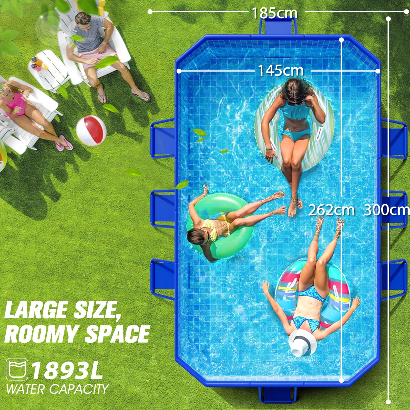 KingSom Rectangular Frame Pool,Faltbarer Schwimmbecken, Aufstellpool Rechteckig Groß,Überdimensionale Verdickung, Gartenpool,Schnelle Installation Swimmingpool Schwimmbad für Garten, 300 x 185 x 51 cm