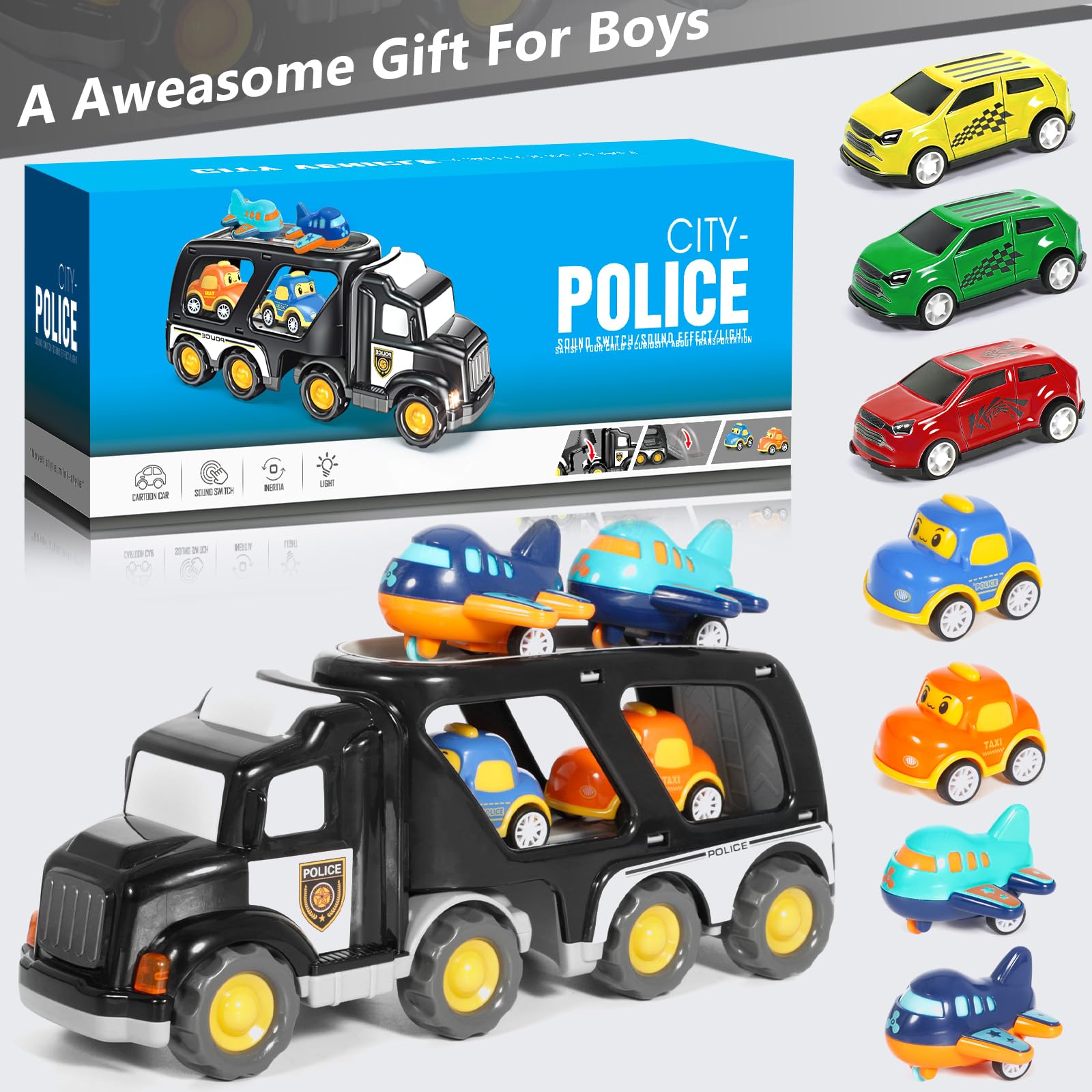 Vautvis Transport Truck Spielzeugautos, Auto Spielzeug Ab 3 4 5 Jahre, Polizeiauto Mit Licht Und Sound, Geschenk Junge 3 4 5 Jahre, Polizei Auto, Kinderspielzeug Geschenke - 5