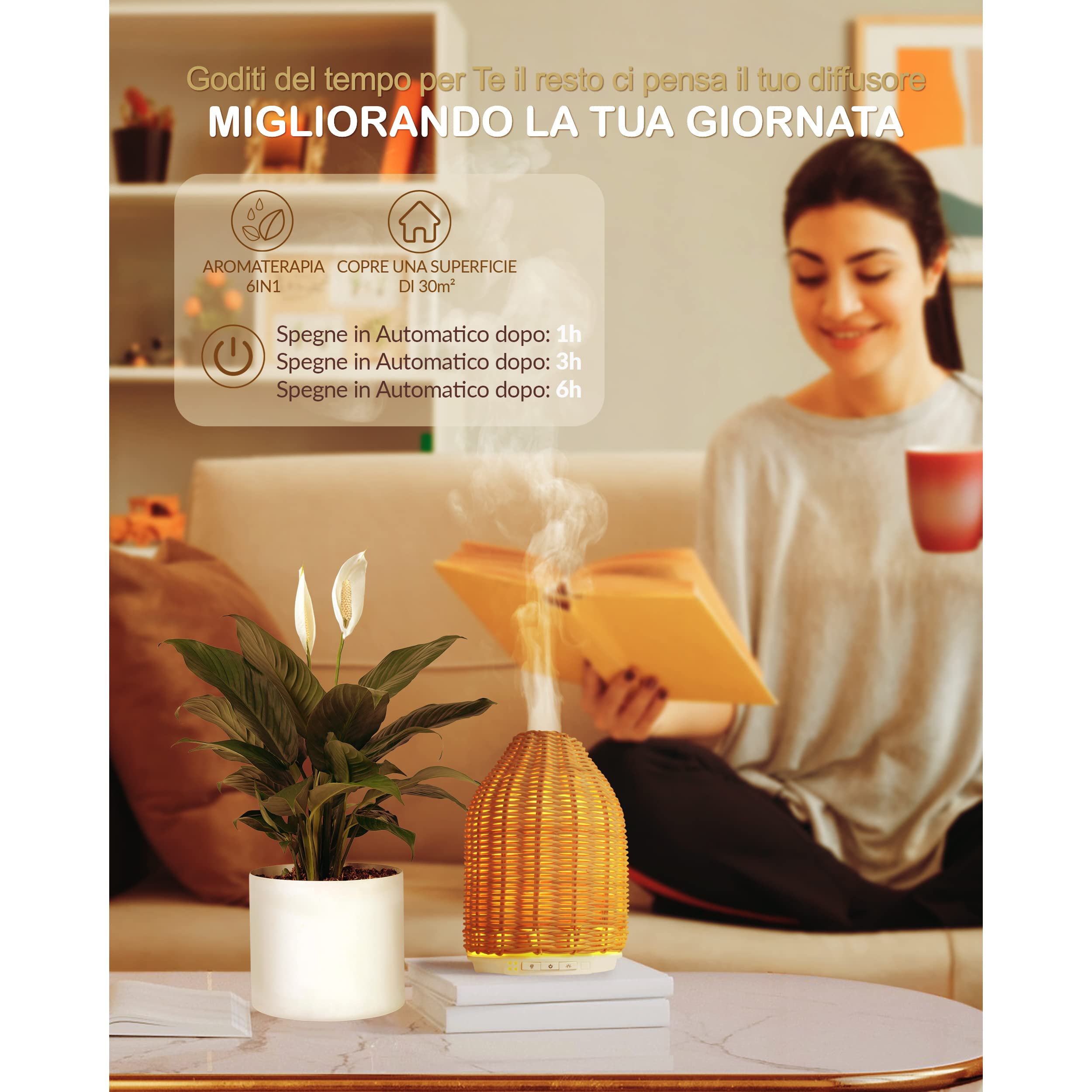 Umidificatore Ambiente Bambini,Rattan di Bambù Diffusore di Oli Essenziali,Umidificatore Ultrasuoni Auto Spegnimento,Super Silenzioso,LED 7 Colori,Notturna Per Camera da Letto, Ufficio-SODY