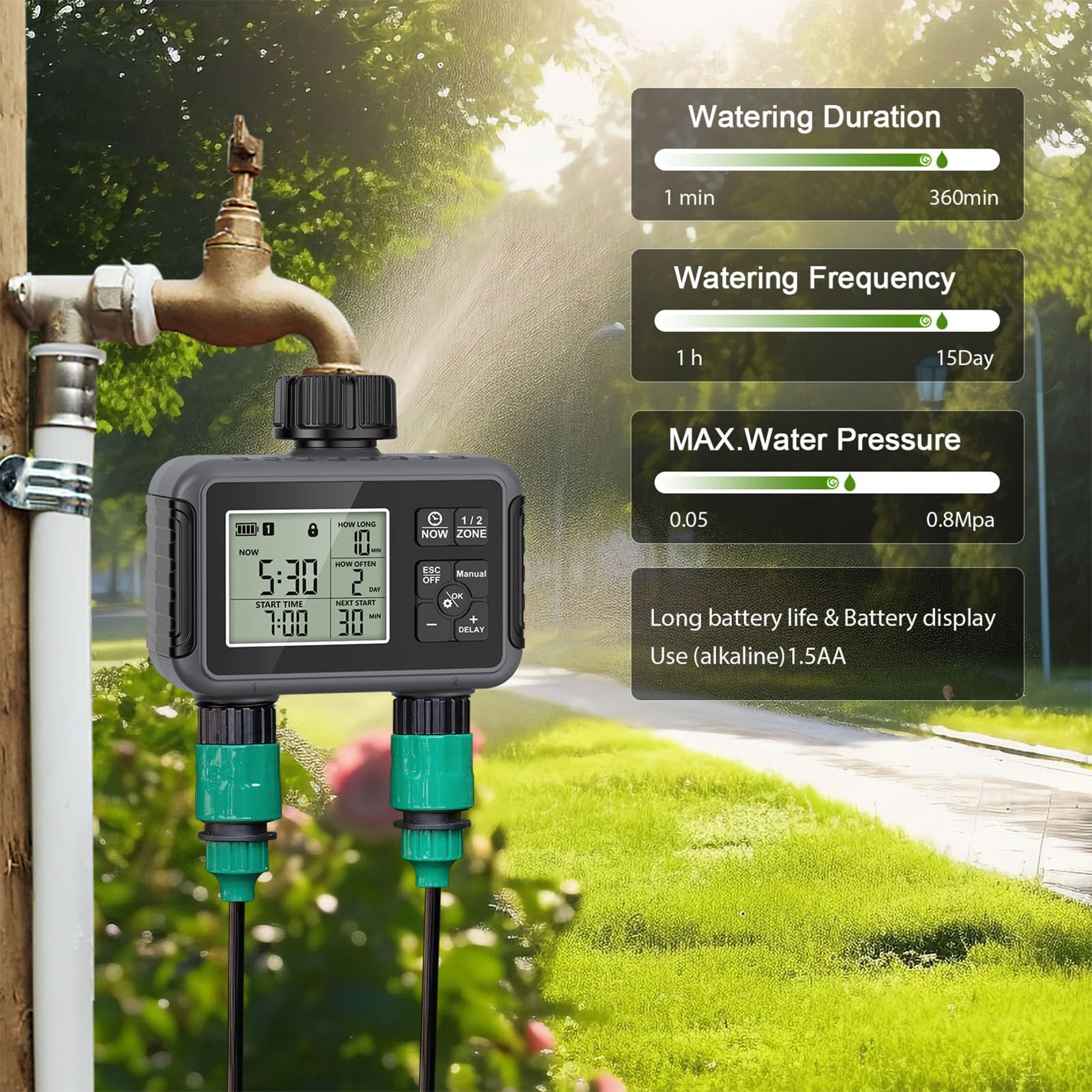 Zunate Temporizzatore Irrigatore a Doppia Uscita Programmabile |Programmatore di Irrigazione con Display LCD IPX5 Resistente Alla Pioggia per Patio da Giardino