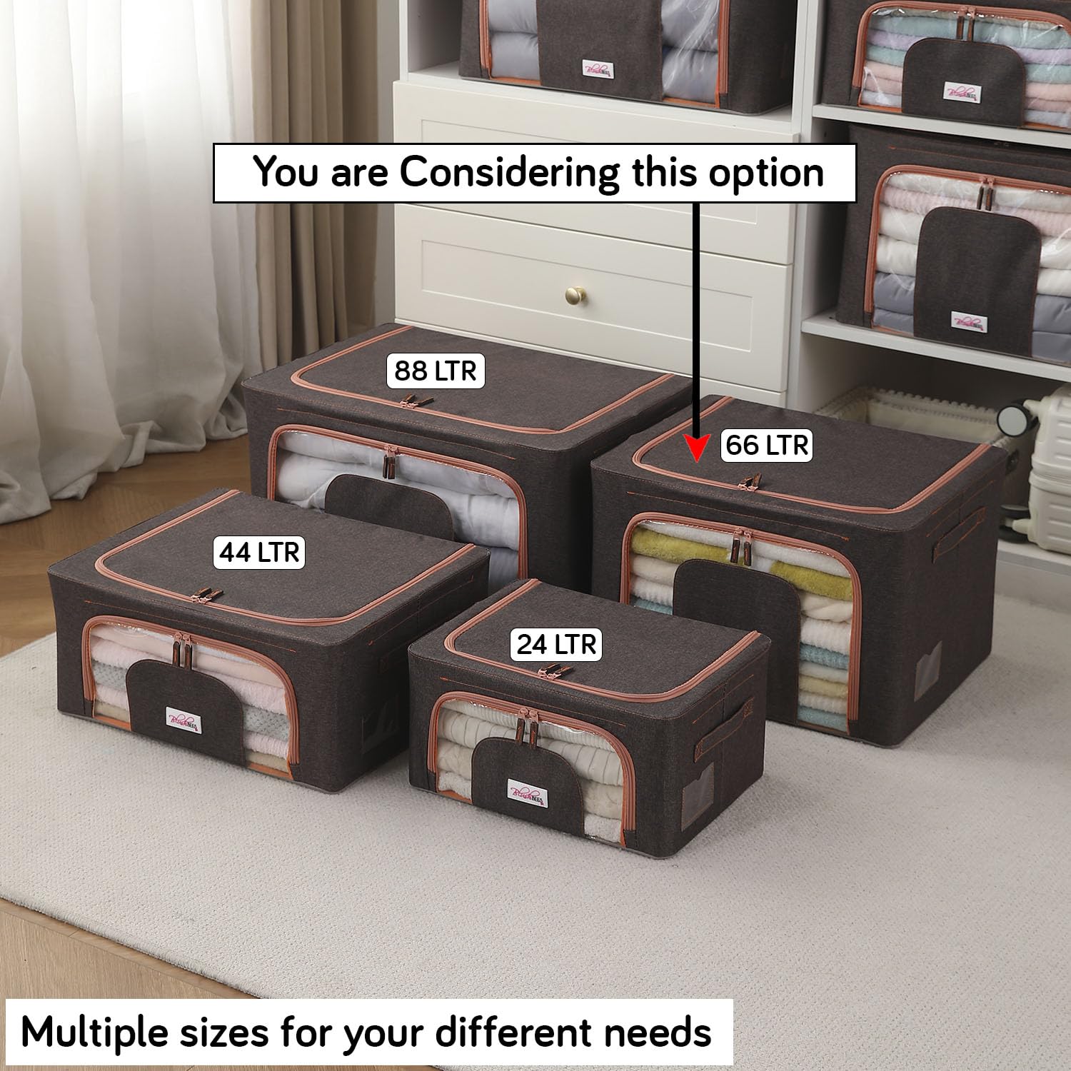 BlushBees Living Box - 600D Oxford Fabric Wardrobe Organizer, Cloth Storage Bags with Zip - 66 Litre, Pack of 1, Espresso Brown 4