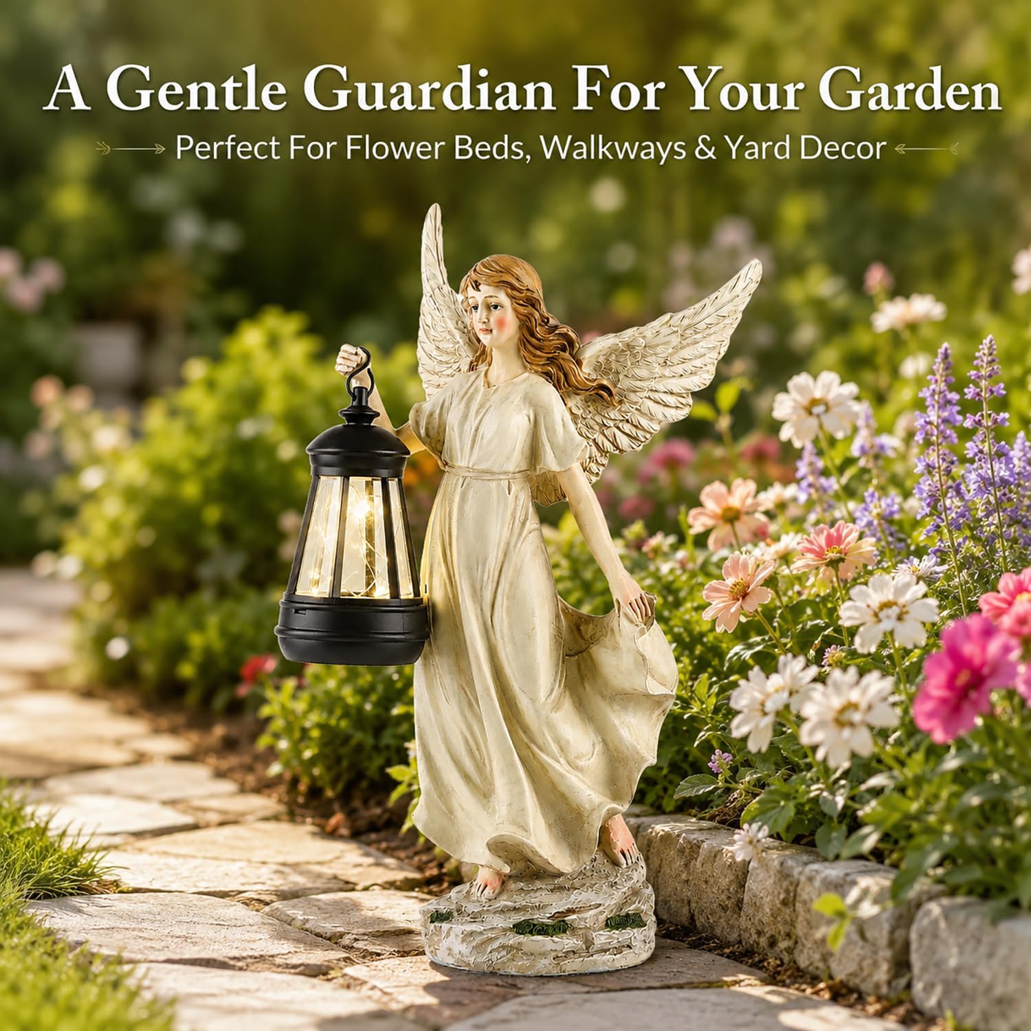 12.40" Fairy Garden Statue, Solar Garden Decor for mom Grandma, Resin Fairy Statue with Lights, Angel Decor for Patio, Yard, Porch, Entryway, Balcony Decor