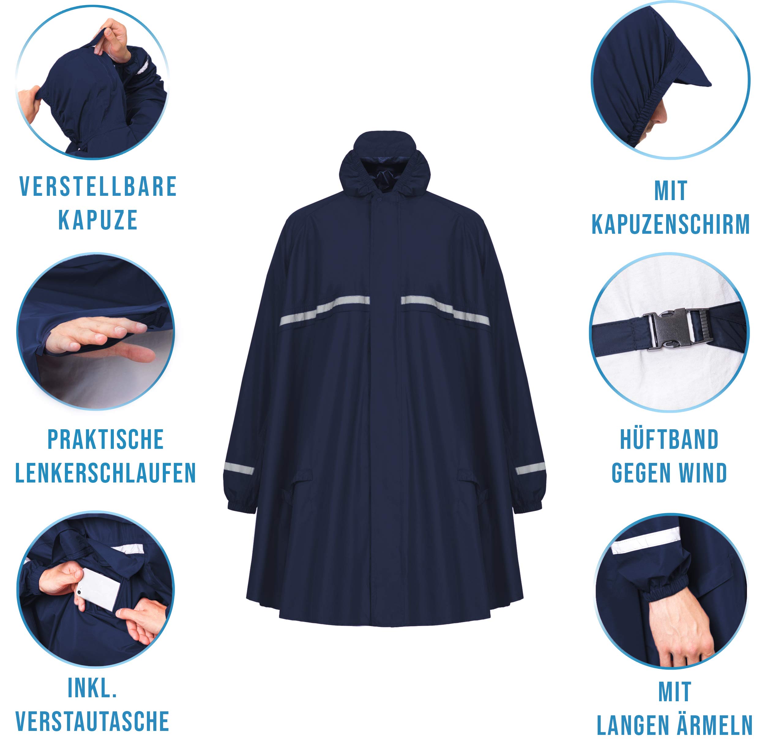 HOCK Poncho de pluie avec fermeture éclair et manches - Poncho de vélo imperméable et respirant - Avec capuche et réflecteurs - Protection contre la pluie pour homme et femme - Vêtements de pluie de qualité supérieure