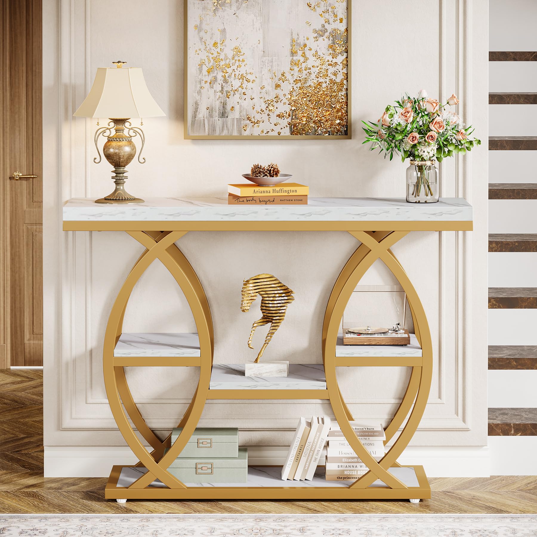 Tribesigns Table console de 100 cm, table de canapé industrielle à 4 niveaux avec étagères de rangement, table d’entrée étroite en bois avec cadre métallique pour petits espaces, couloir, hall d
