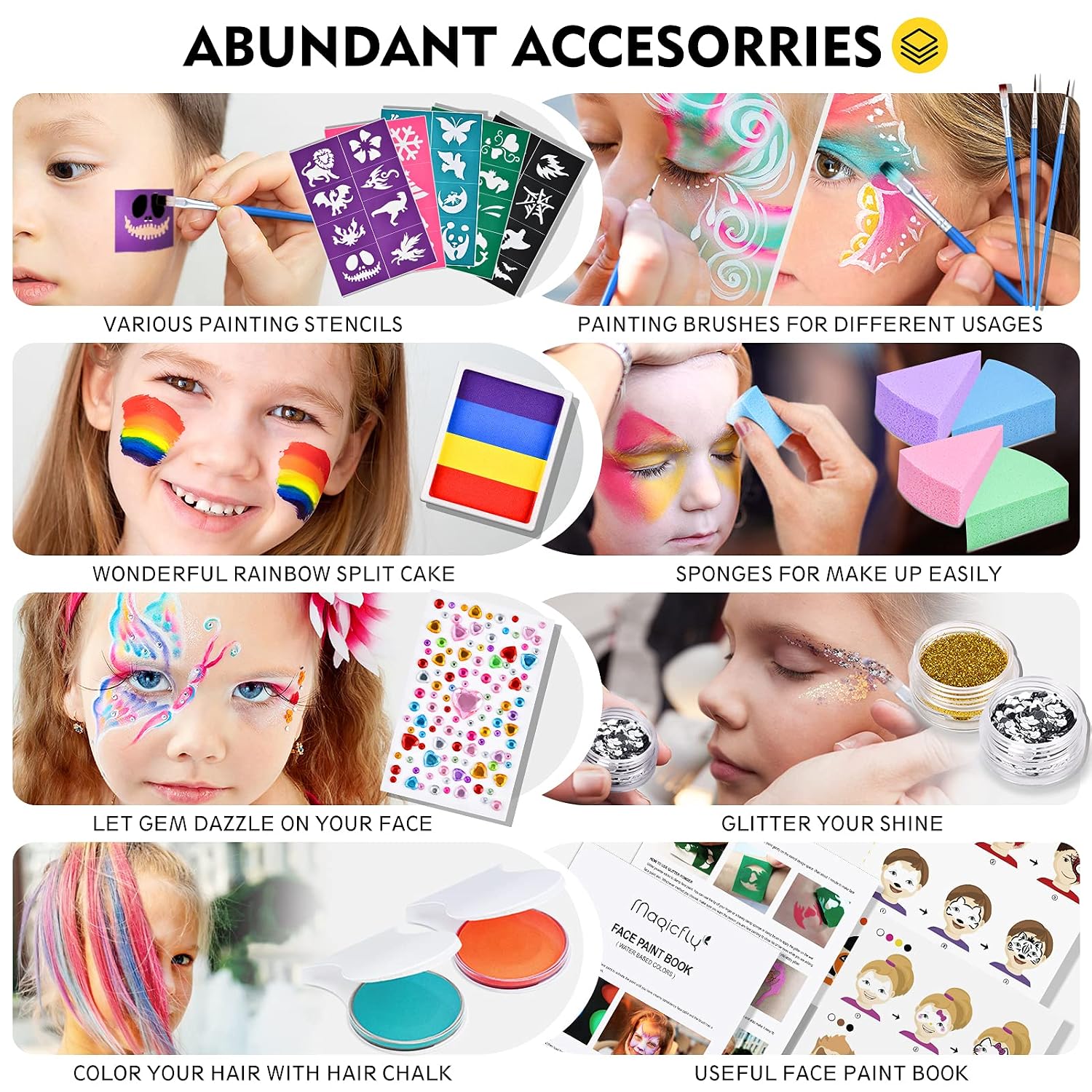 Magicfly Face Painting Kit - 18 Colors Face Paint Kits, Non-Toxic Water Based Body Paint with Stencils, 2 Glitters, Brushes, Hair Chalk, Professional Halloween Makeup Kit for Party, Festival, Cosplay
