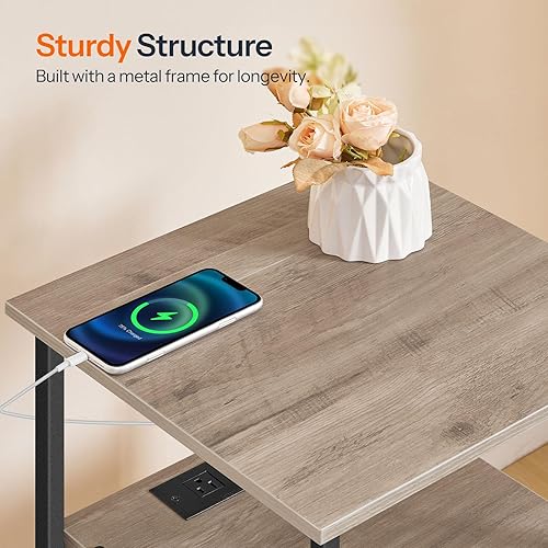 Miniatura 8 de HOOBRO Mesa auxiliar con estación de carga, mesita de noche con 2 cajones, puertos USB y tomas de corriente, mesita de noche para espacios pequeños,