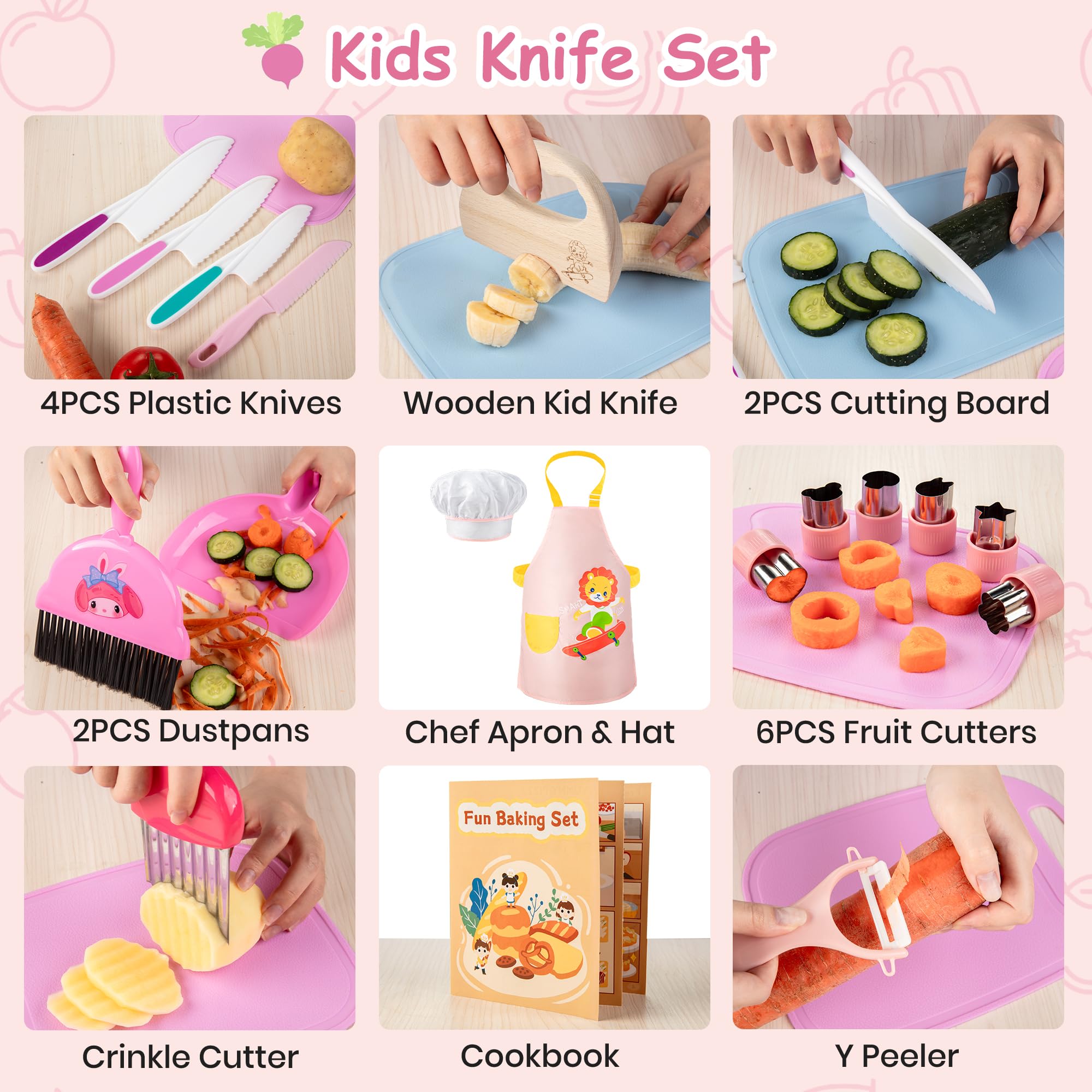18 Pezzi Coltelli da Cucina per Bambini Set, Coltello Bambini Montessori per Tagliare, Coltelli Bambini per Tagliare, Regalo di Natale o di Compleanno Perfetto per I Bambini di Età Superiore ai 3 Anni