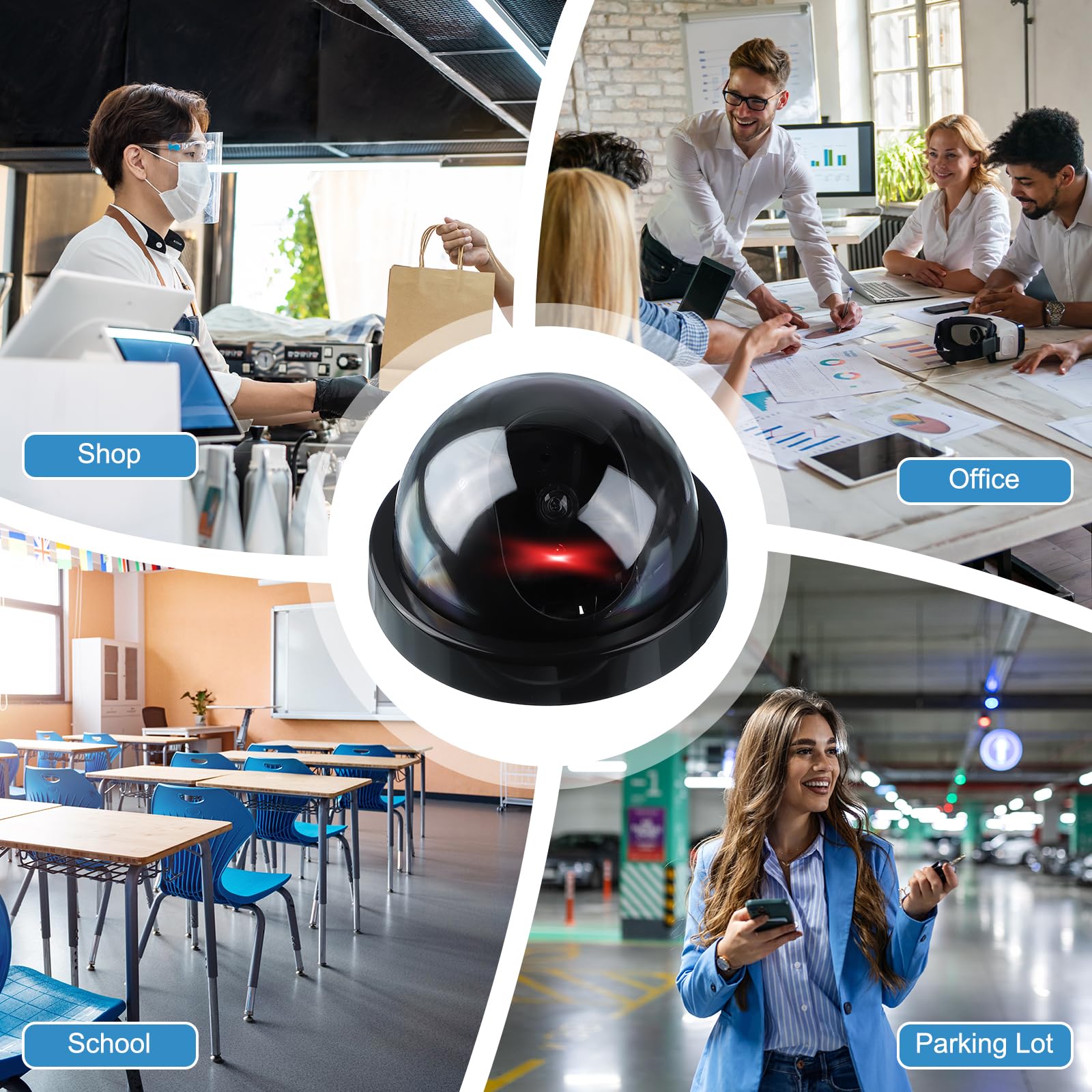 PATIKIL Cámara de seguridad falsa, 4 cámaras domo simuladas con luz LED roja intermitente y tornillo para interiores y exteriores, negocio doméstico, color negro