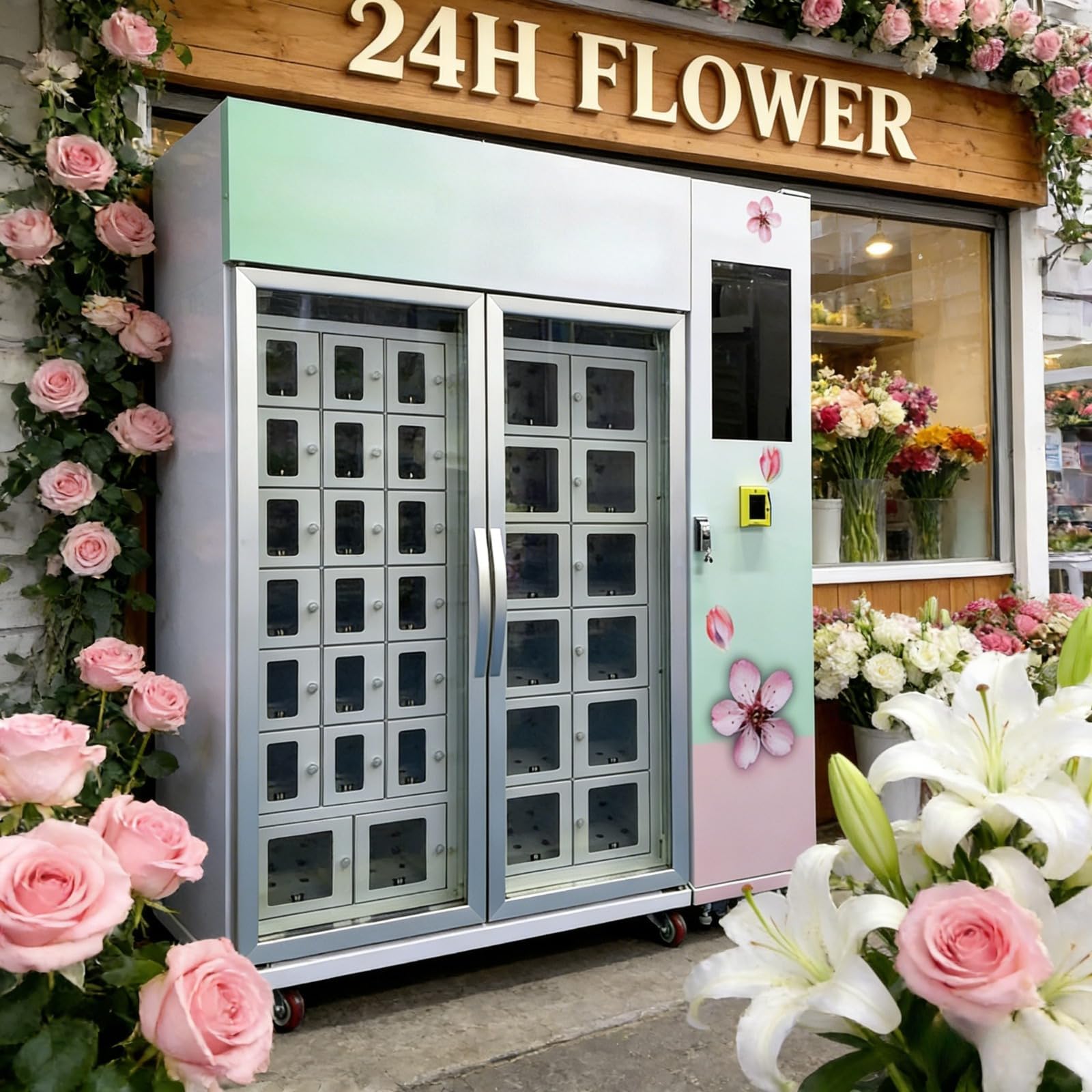Fresh Flower Vending Machine, Automatic Bouquet Vending Machine, Temperature Control, Transparent Glass Display, Digital Advertising Screen for Office Building, Metro Station, Retail Space