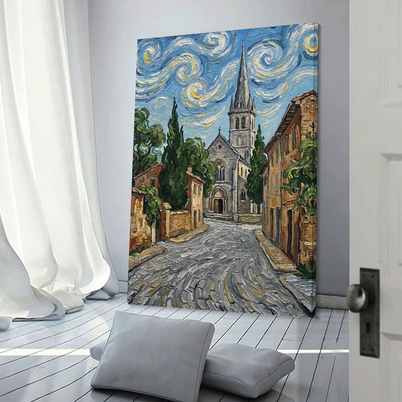 Junmoney Impressionistic Church in A European Town Wall Art Print, 20x30inch(50x75cm), for Front Hall, Corridor Or Welcome Spaces, Wall Decor to Refresh Empty Corners